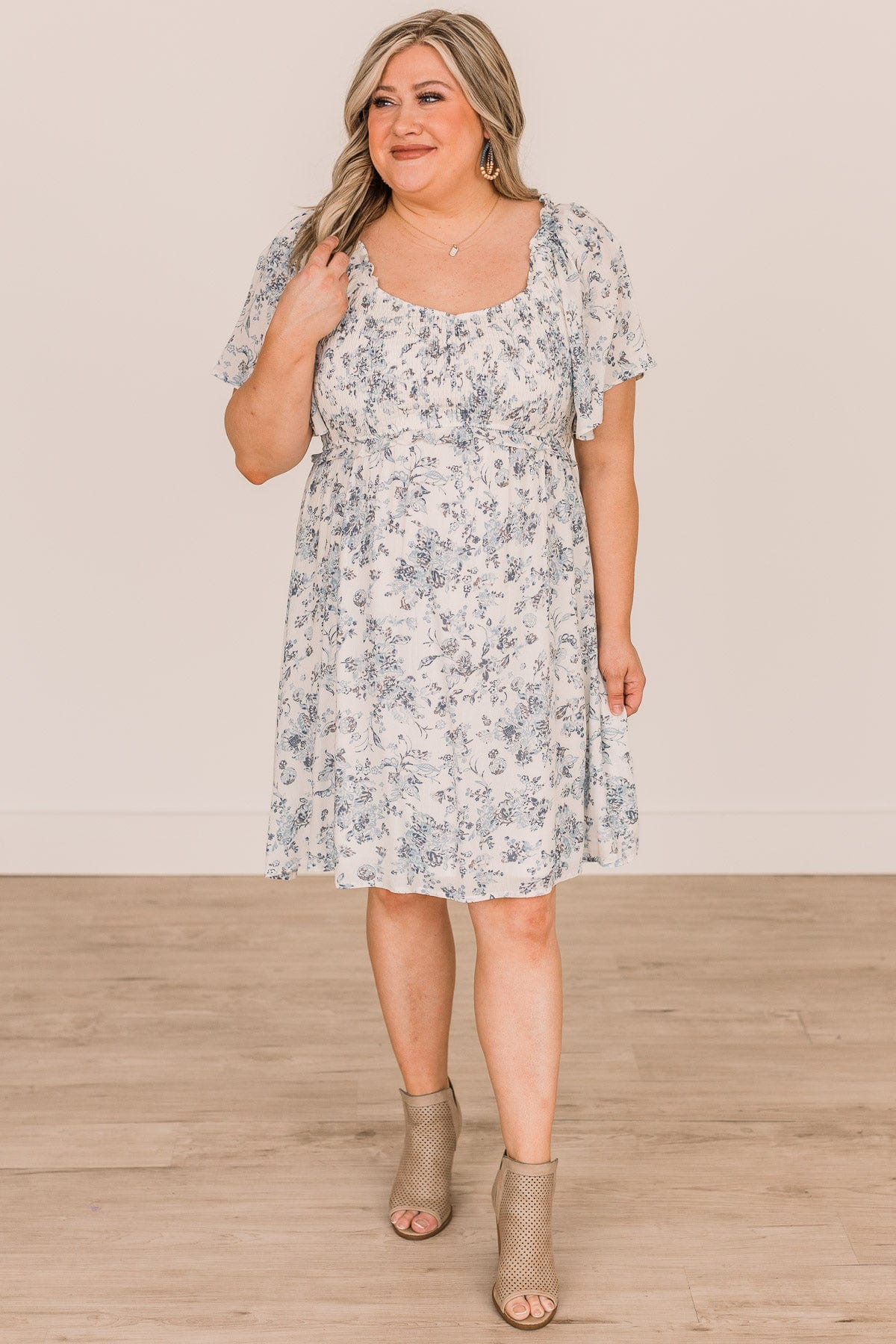 Destined To Fly Smocked Floral Dress- Ivory & Blue - Image 2