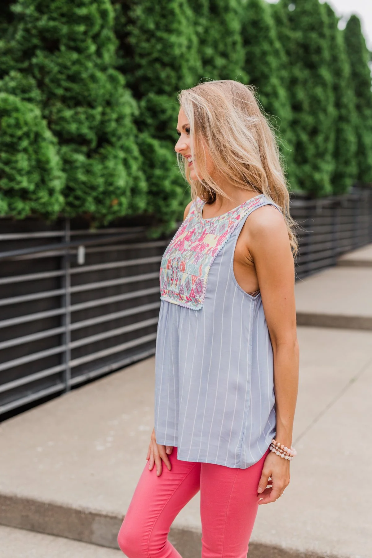 Detailed Embroider & Striped Tank Top- Light Blue - Image 10
