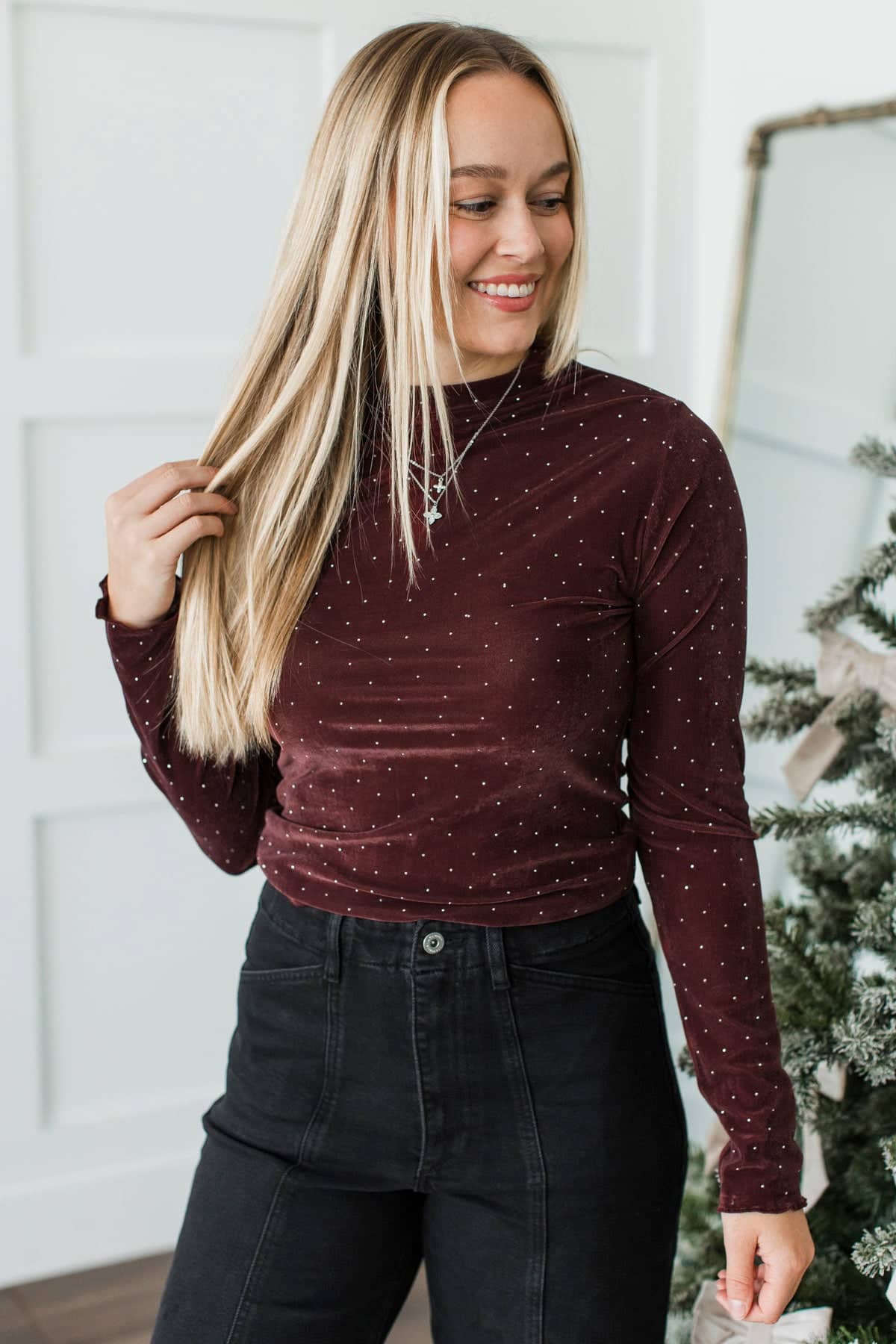 Devine Looks Velvet Rhinestone Top- Wine