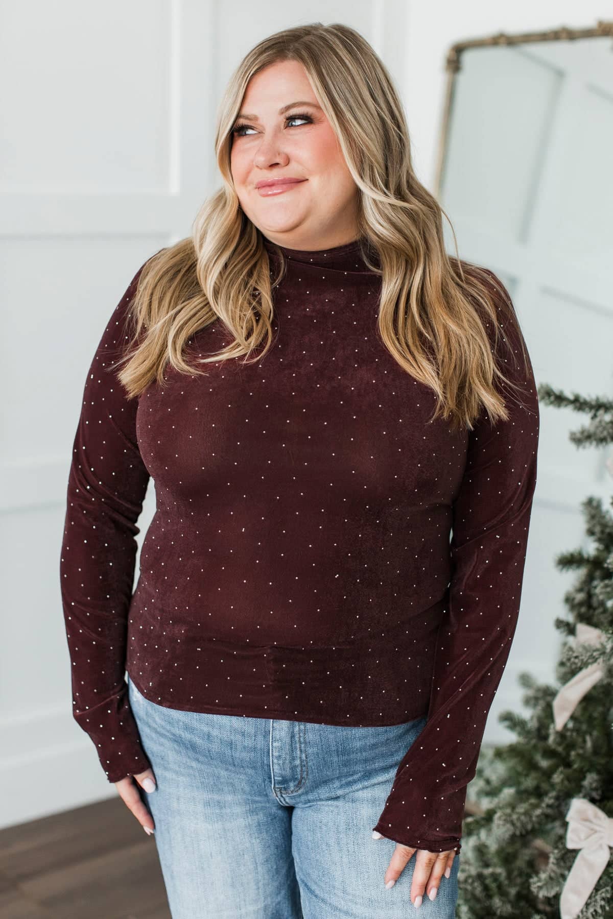 Devine Looks Velvet Rhinestone Top- Wine - Image 4