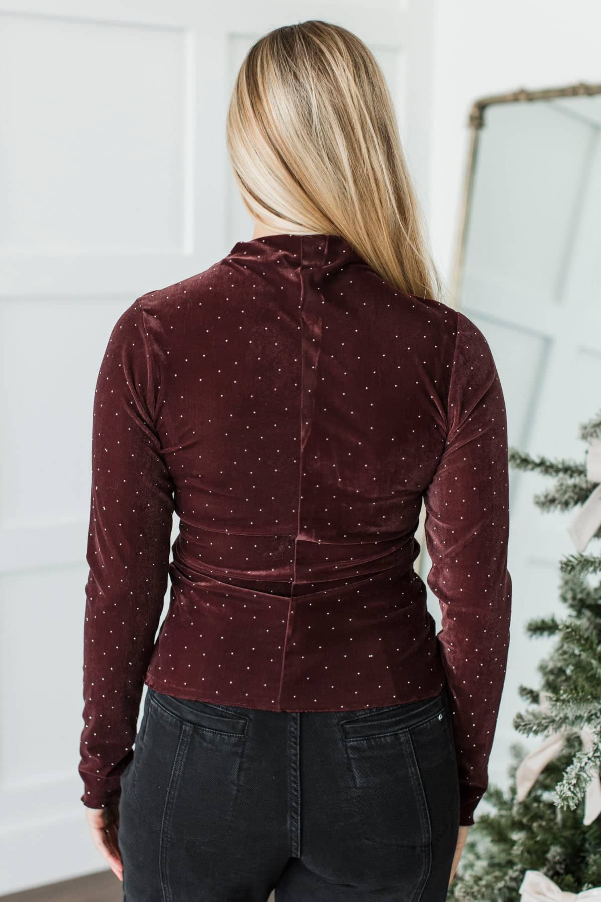 Devine Looks Velvet Rhinestone Top- Wine - Image 7