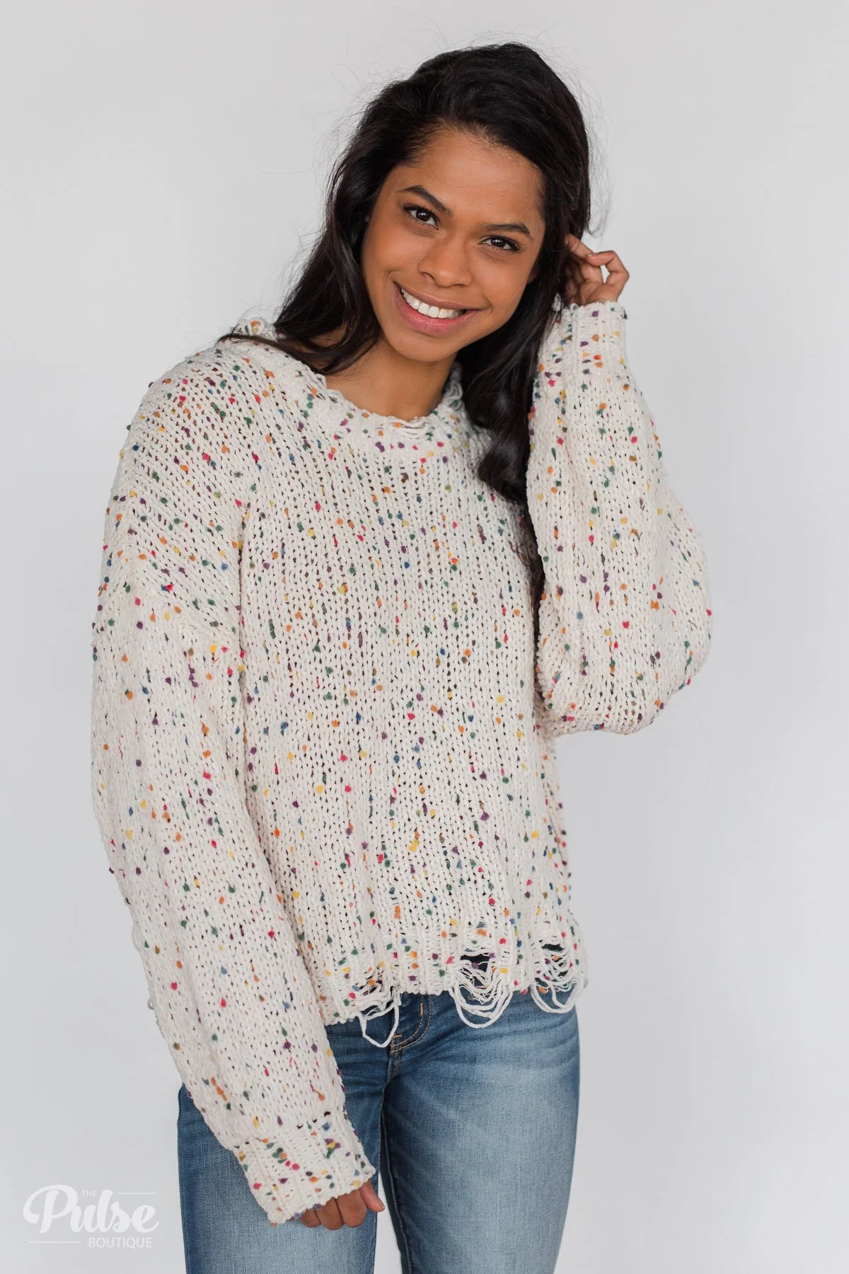 Distressed Confetti Knitted Sweater- Cream - Image 10