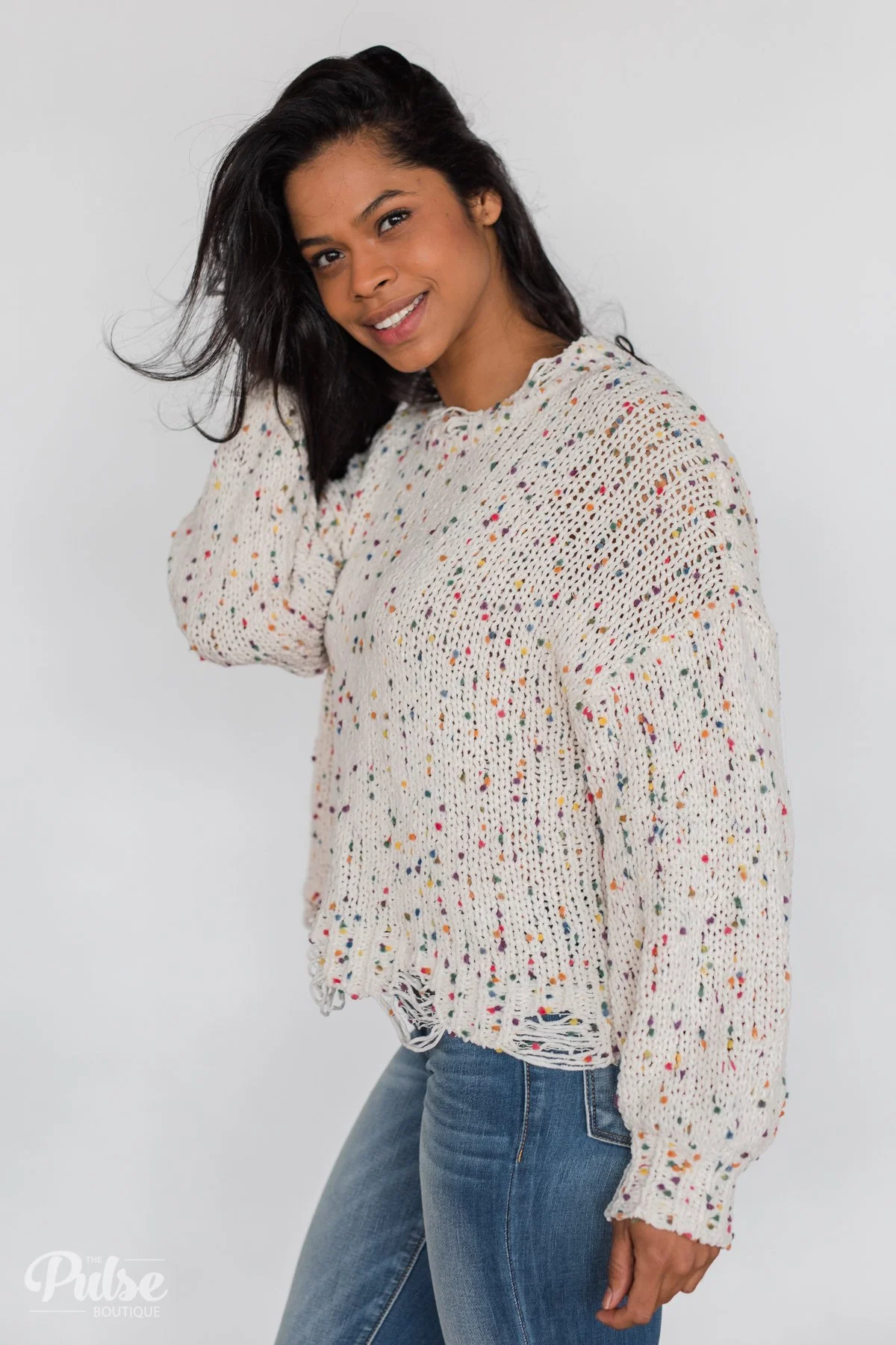Distressed Confetti Knitted Sweater- Cream - Image 11