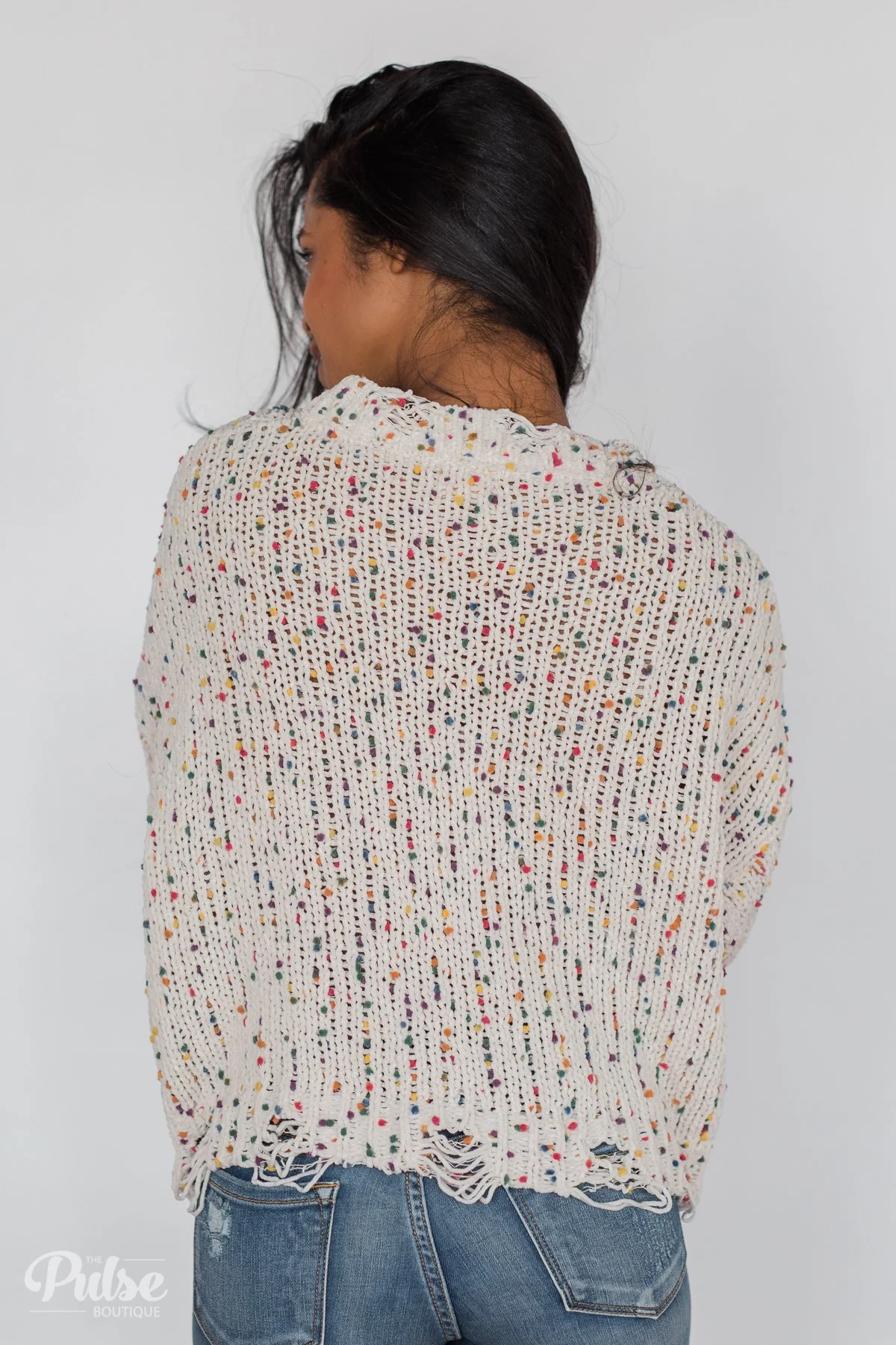 Distressed Confetti Knitted Sweater- Cream - Image 12
