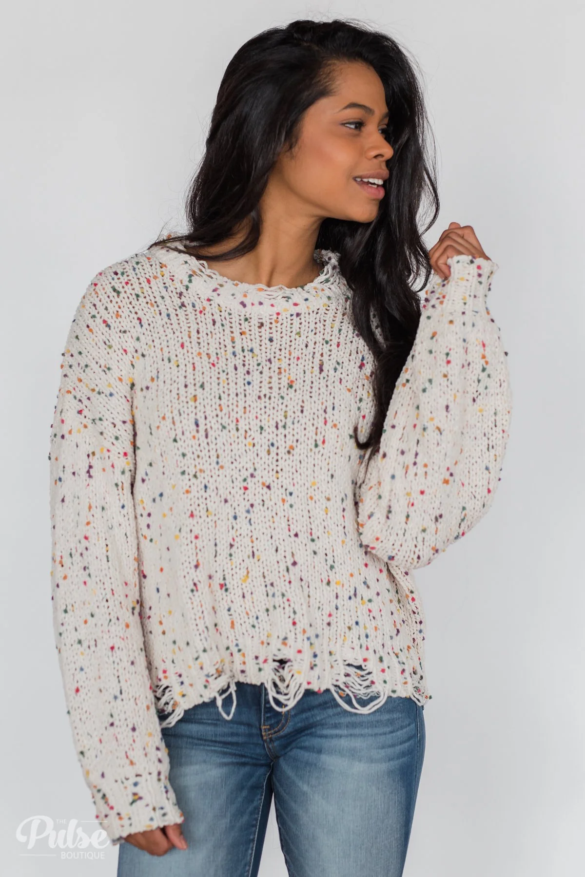 Distressed Confetti Knitted Sweater- Cream - Image 2