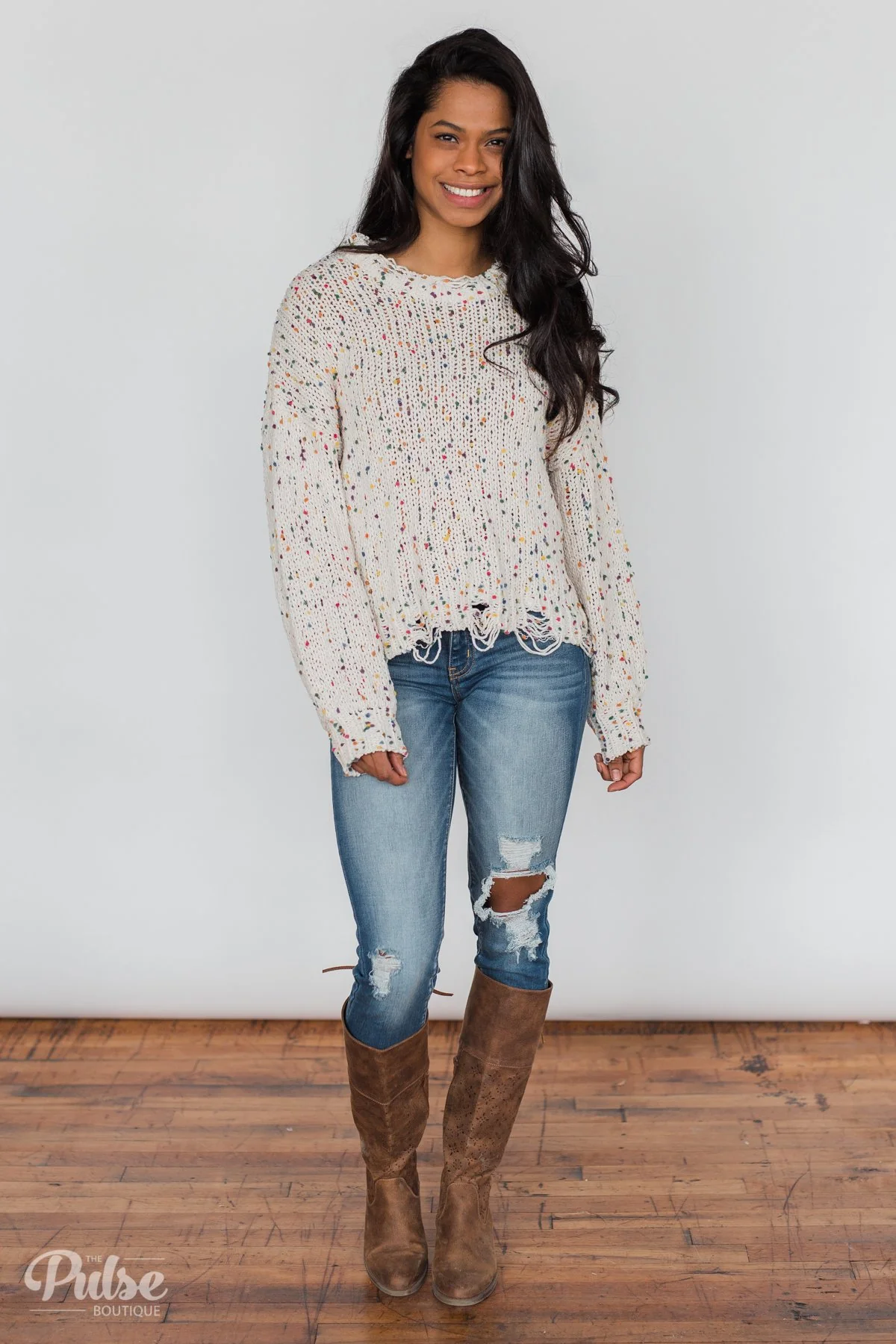 Distressed Confetti Knitted Sweater- Cream - Image 3