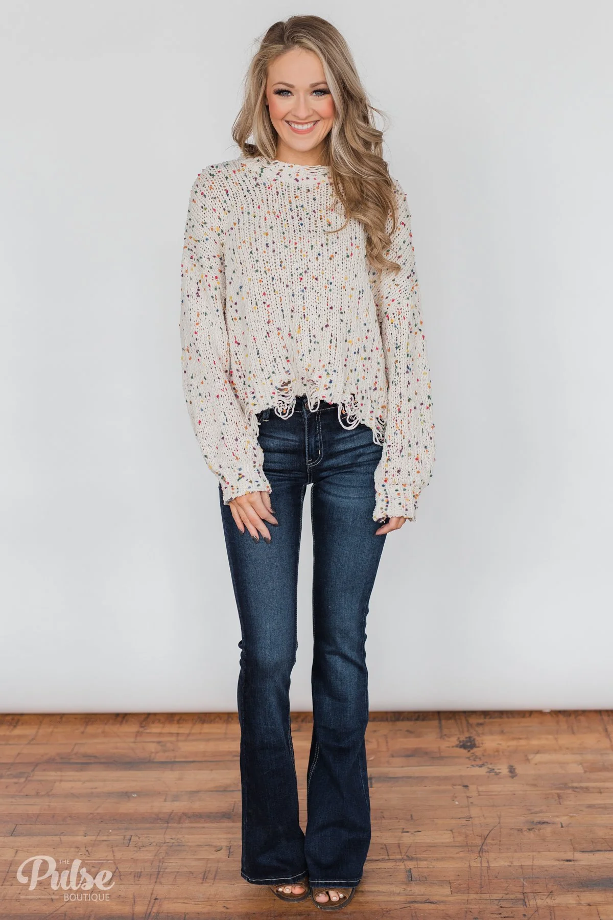 Distressed Confetti Knitted Sweater- Cream - Image 4
