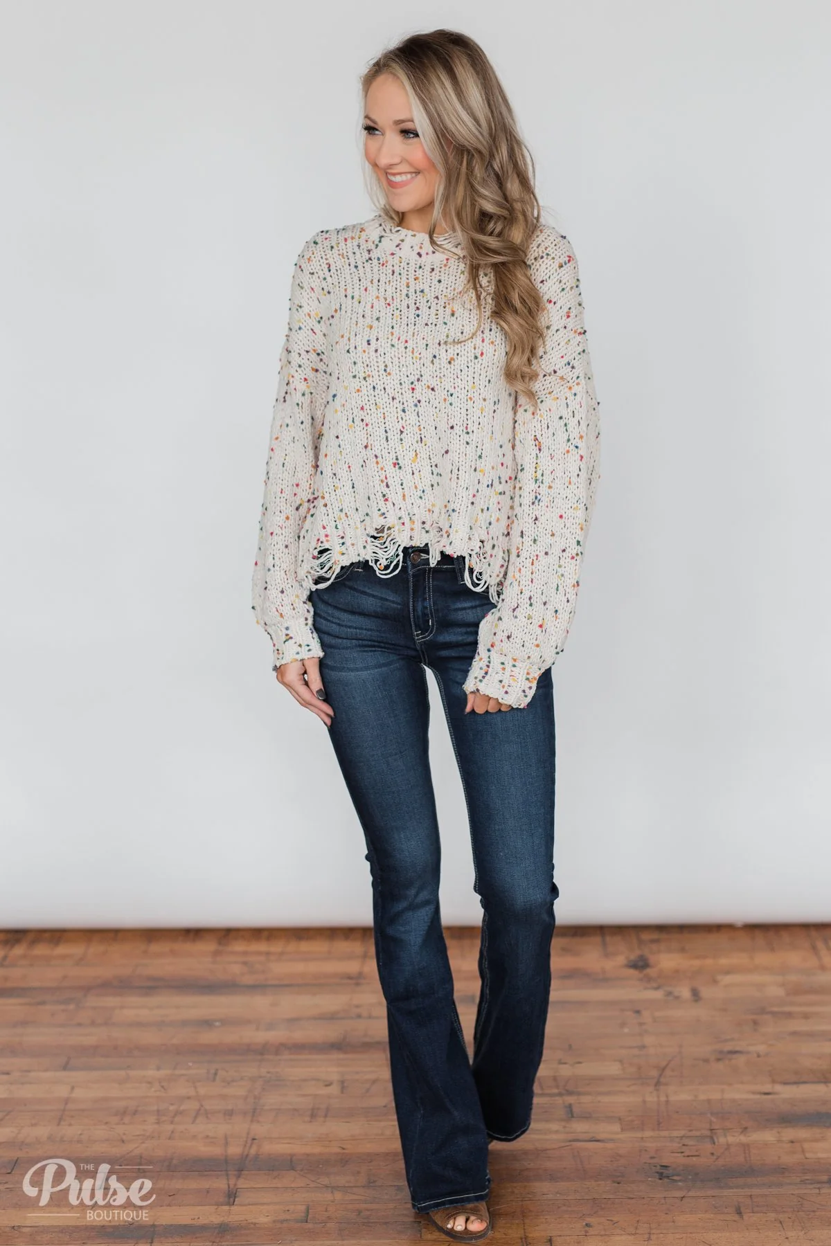 Distressed Confetti Knitted Sweater- Cream - Image 5