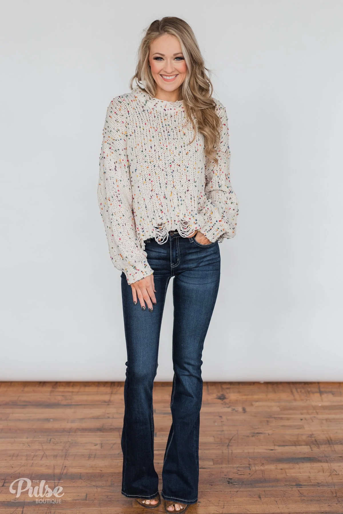 Distressed Confetti Knitted Sweater- Cream - Image 6