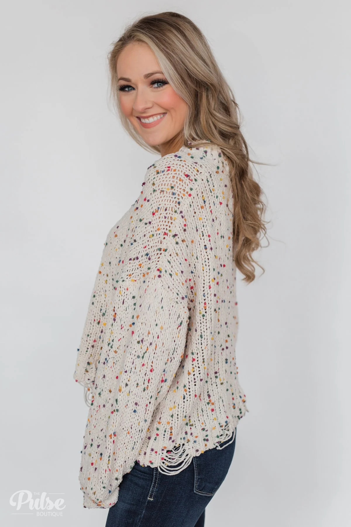 Distressed Confetti Knitted Sweater- Cream - Image 7