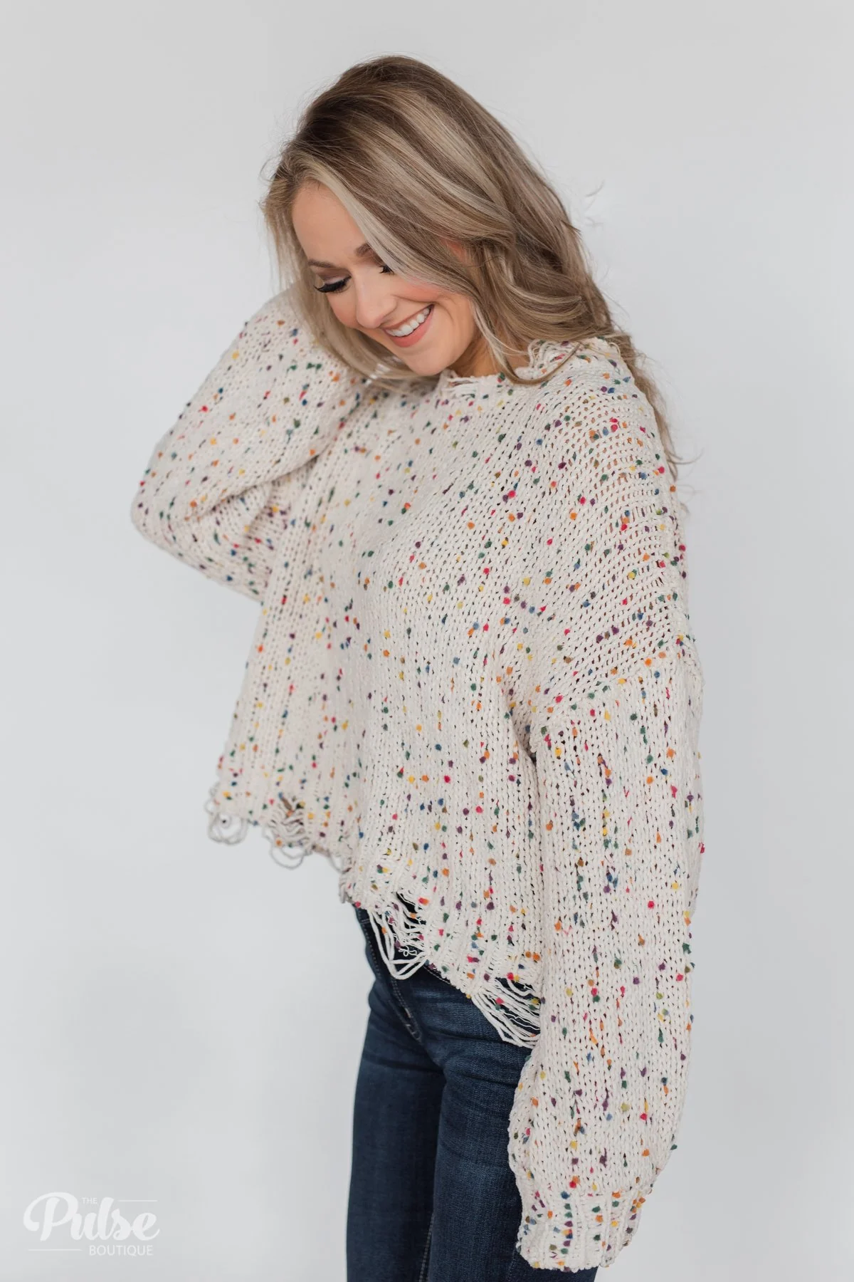 Distressed Confetti Knitted Sweater- Cream - Image 8