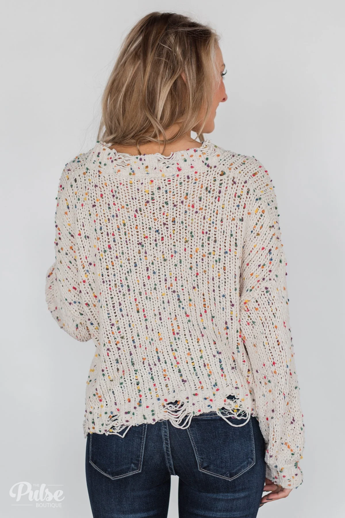 Distressed Confetti Knitted Sweater- Cream - Image 9