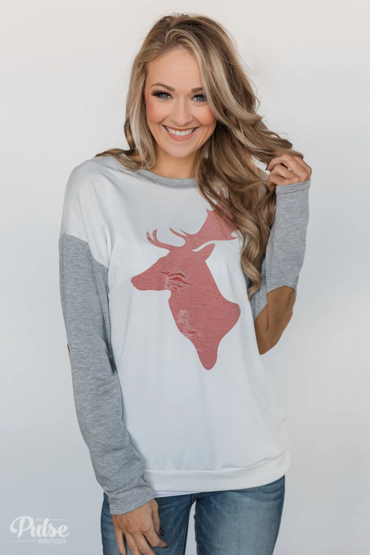 Distressed Deer Elbow Patch Top