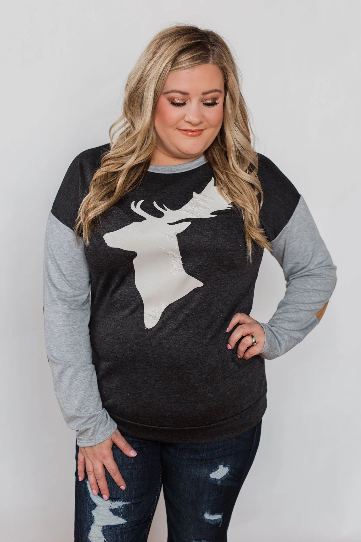 Distressed Deer Elbow Patch Top- Charcoal