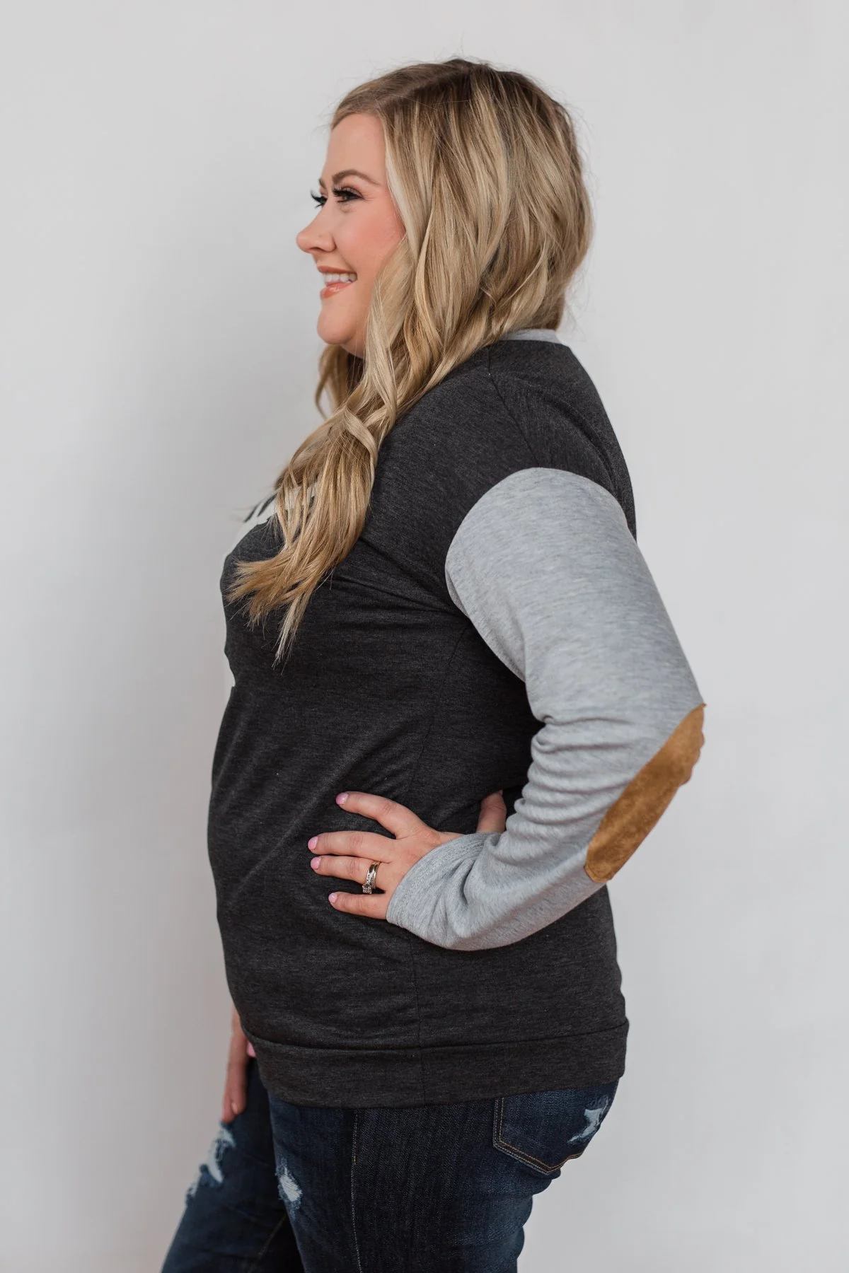 Distressed Deer Elbow Patch Top- Charcoal - Image 5