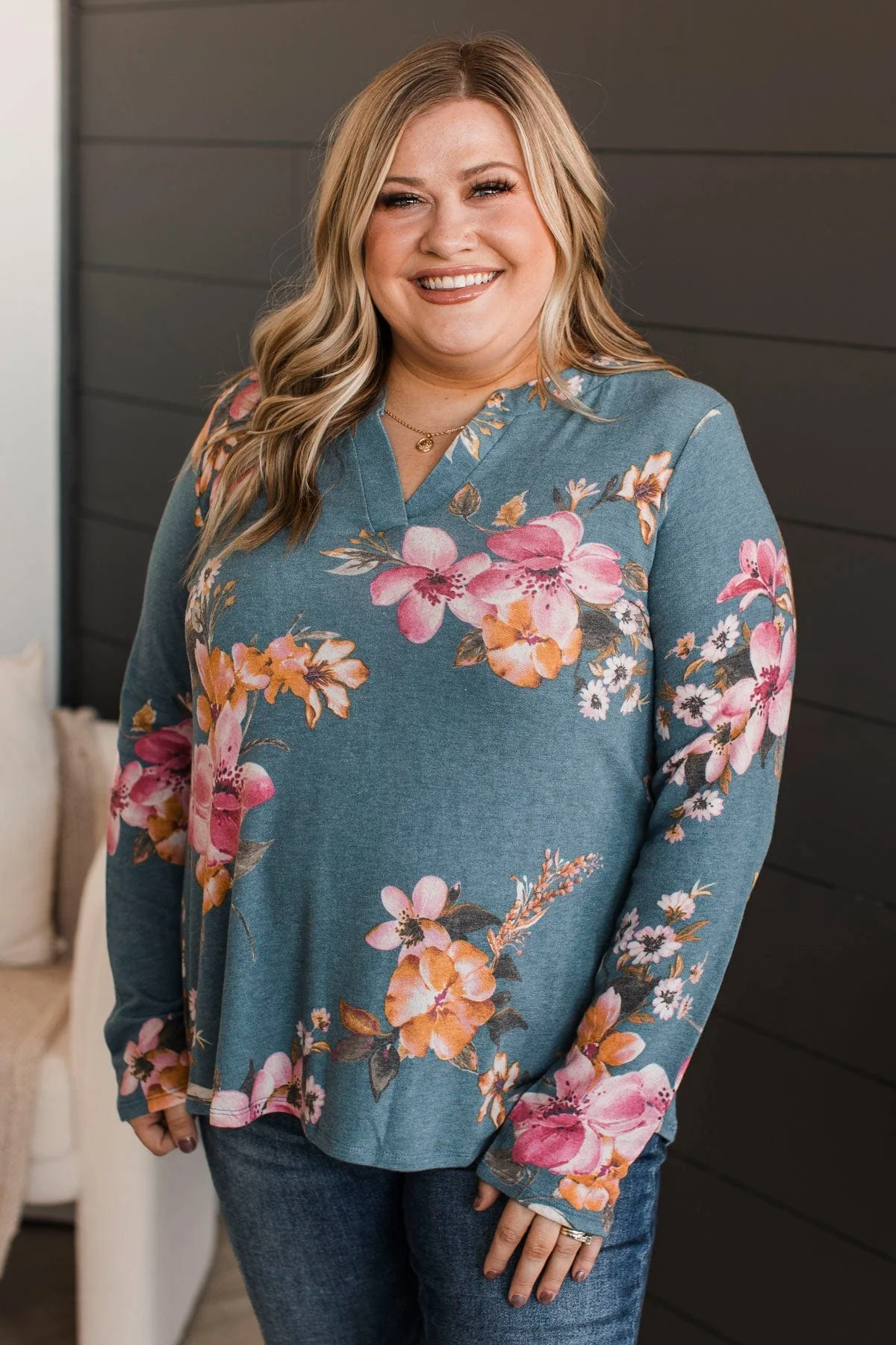 Done Deal Floral V-Neck Top- Dusty Blue & Pink - Image 2