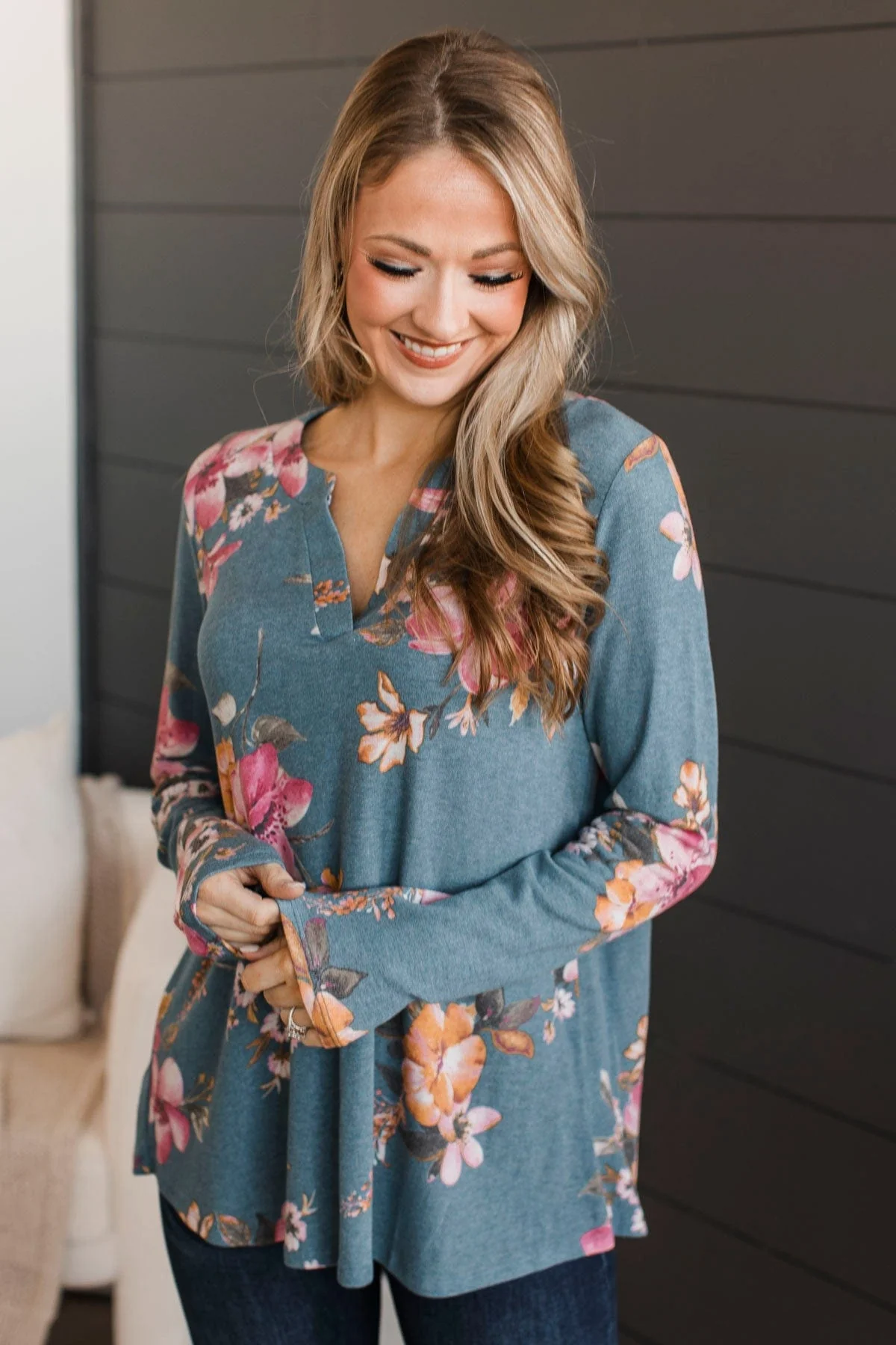 Done Deal Floral V-Neck Top- Dusty Blue & Pink - Image 3