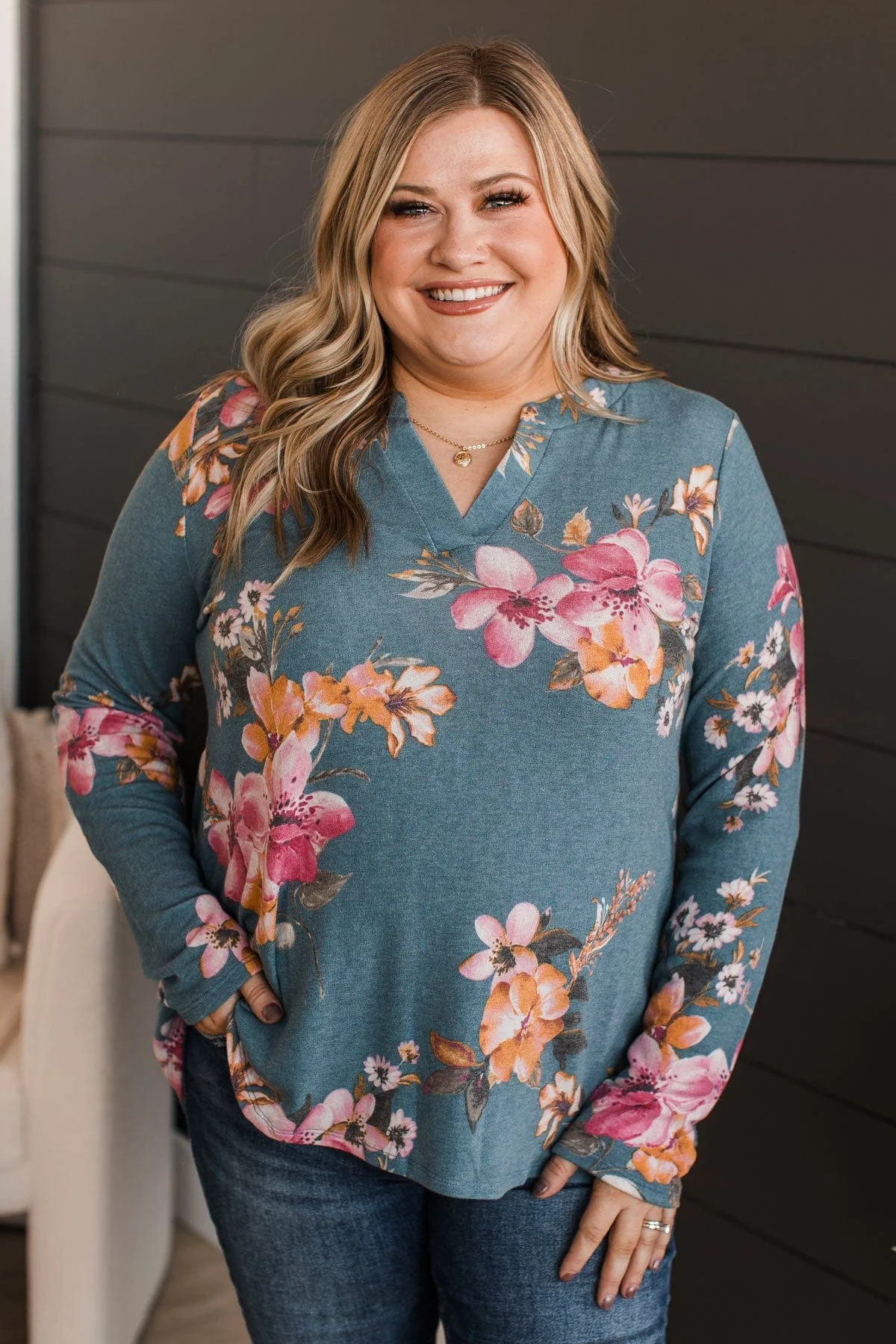 Done Deal Floral V-Neck Top- Dusty Blue & Pink - Image 4