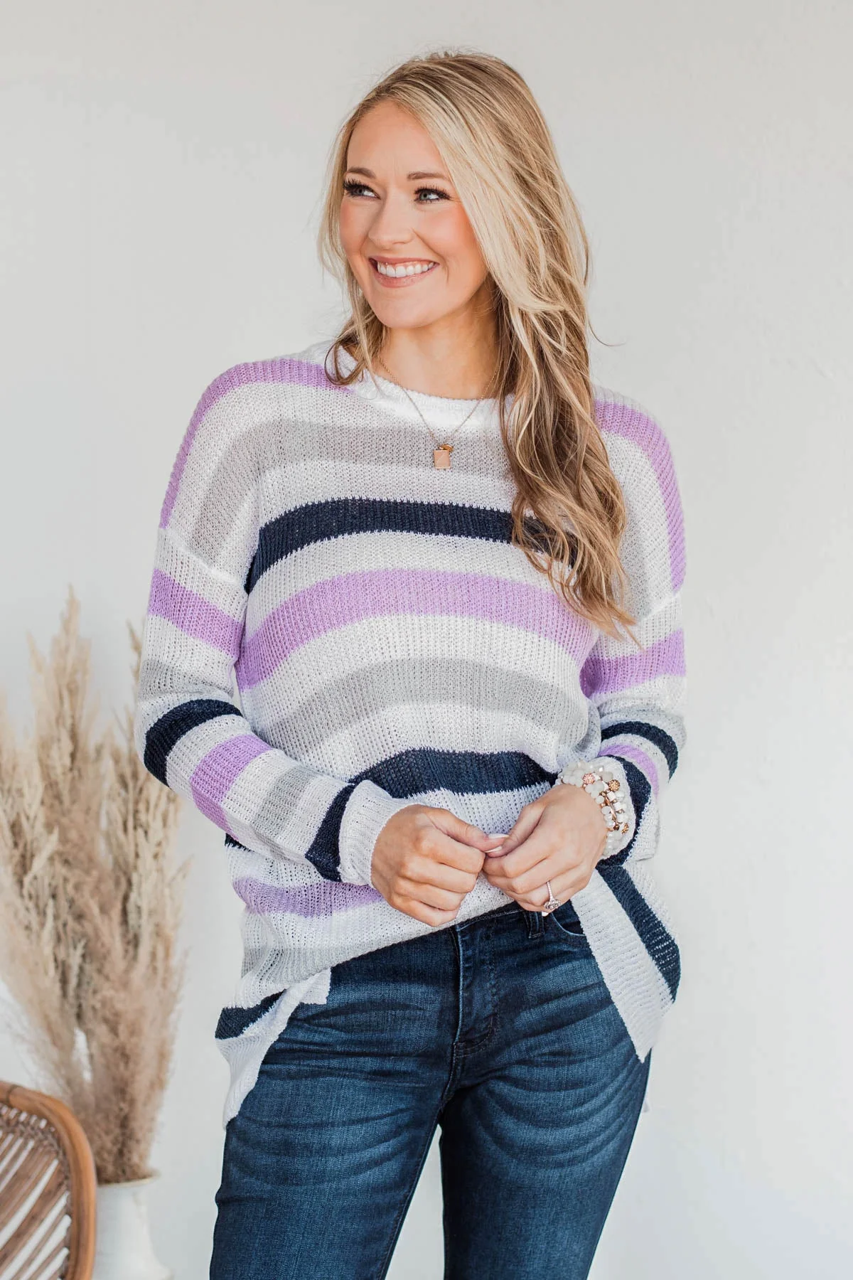 Done For The Day Striped Sweater- Lavender & Gray - Image 5