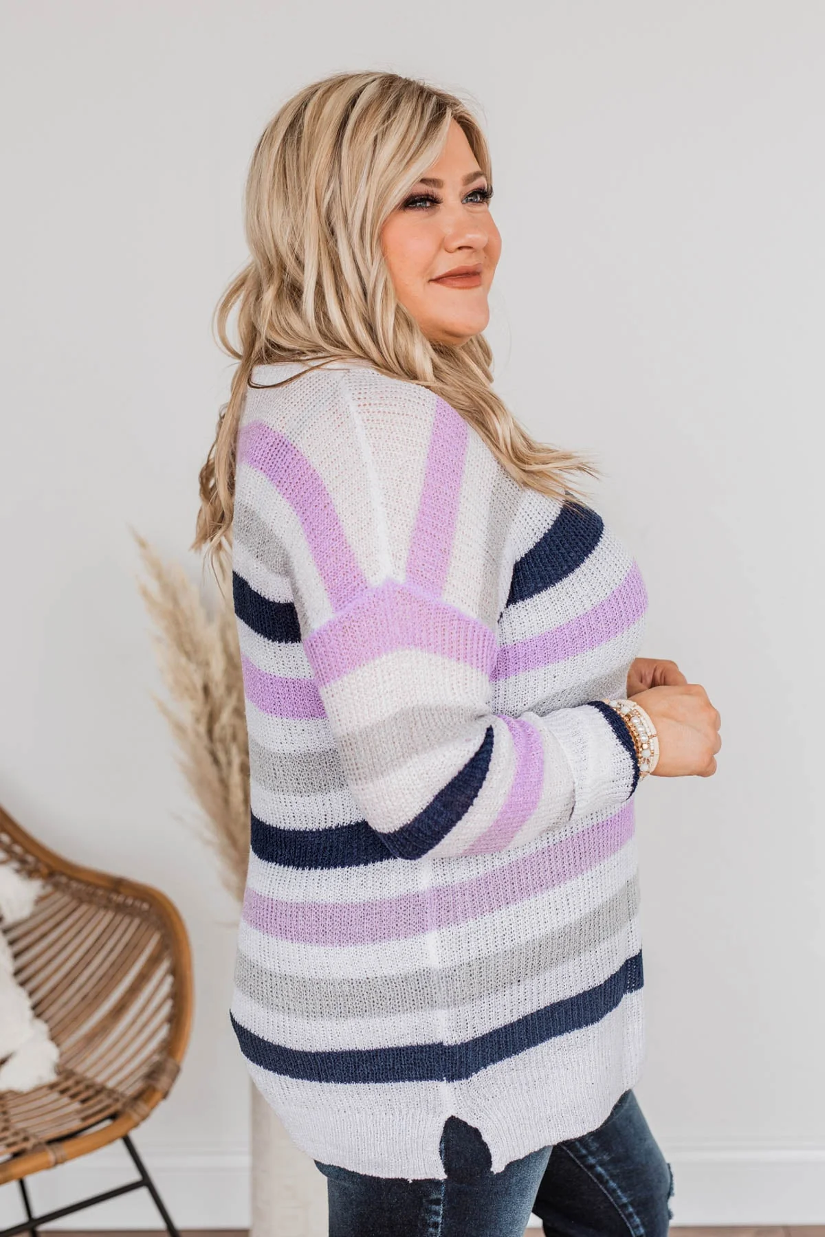 Done For The Day Striped Sweater- Lavender & Gray - Image 8