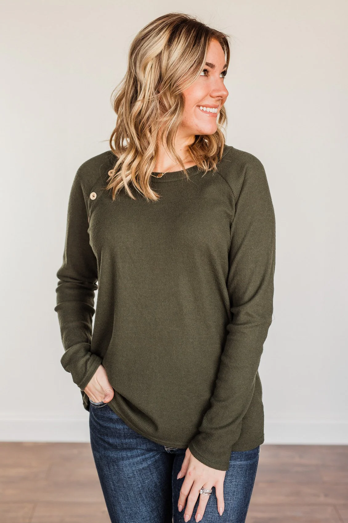 Done Hesitating Button Long Sleeve Top- Dark Olive - Image 3