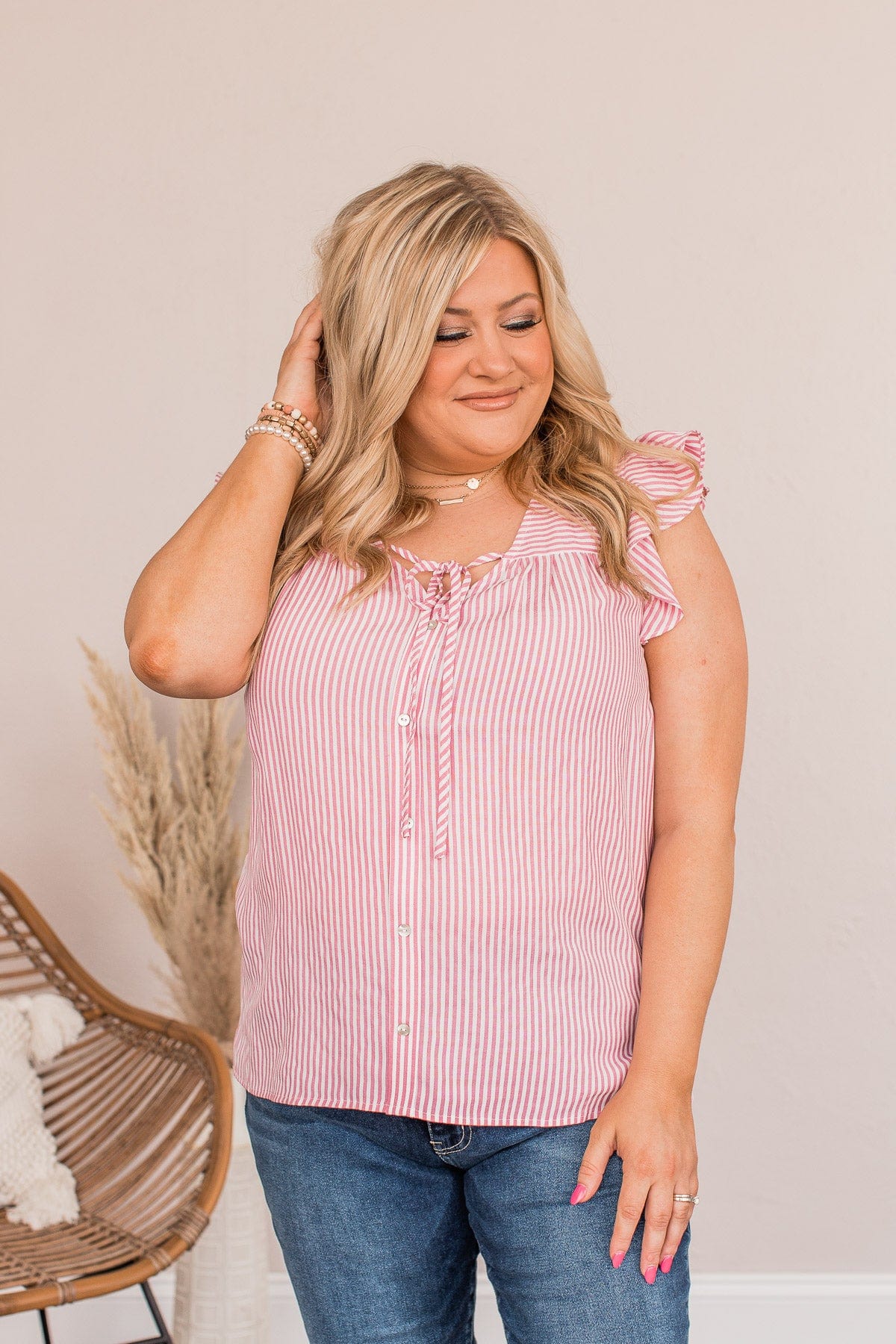 Done Hiding Striped Button Blouse- Pink - Image 4