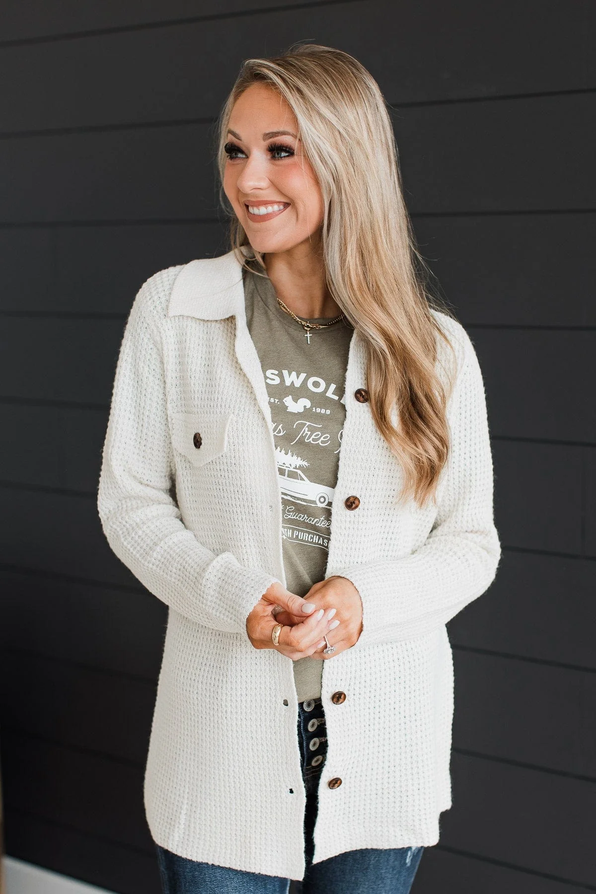 Don't Be Fooled Waffle Knit Button Top- Ivory - Image 5