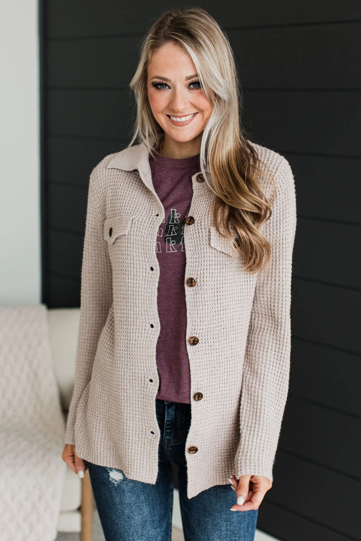 Don't Be Fooled Waffle Knit Button Top- Light Taupe - Image 5