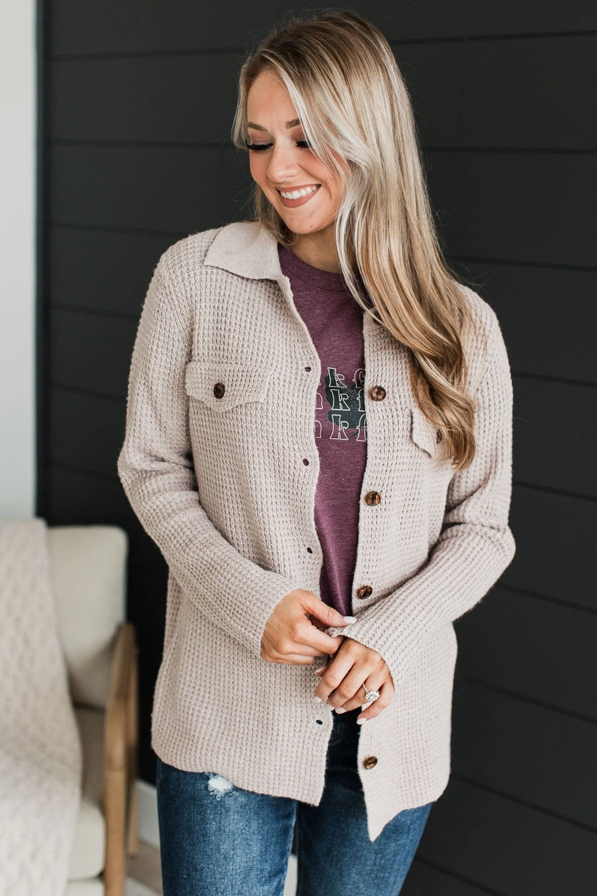 Don't Be Fooled Waffle Knit Button Top- Light Taupe - Image 7