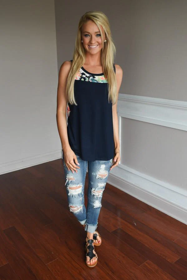 Don't Be Shy Floral Tank Top ~ Navy - Image 2