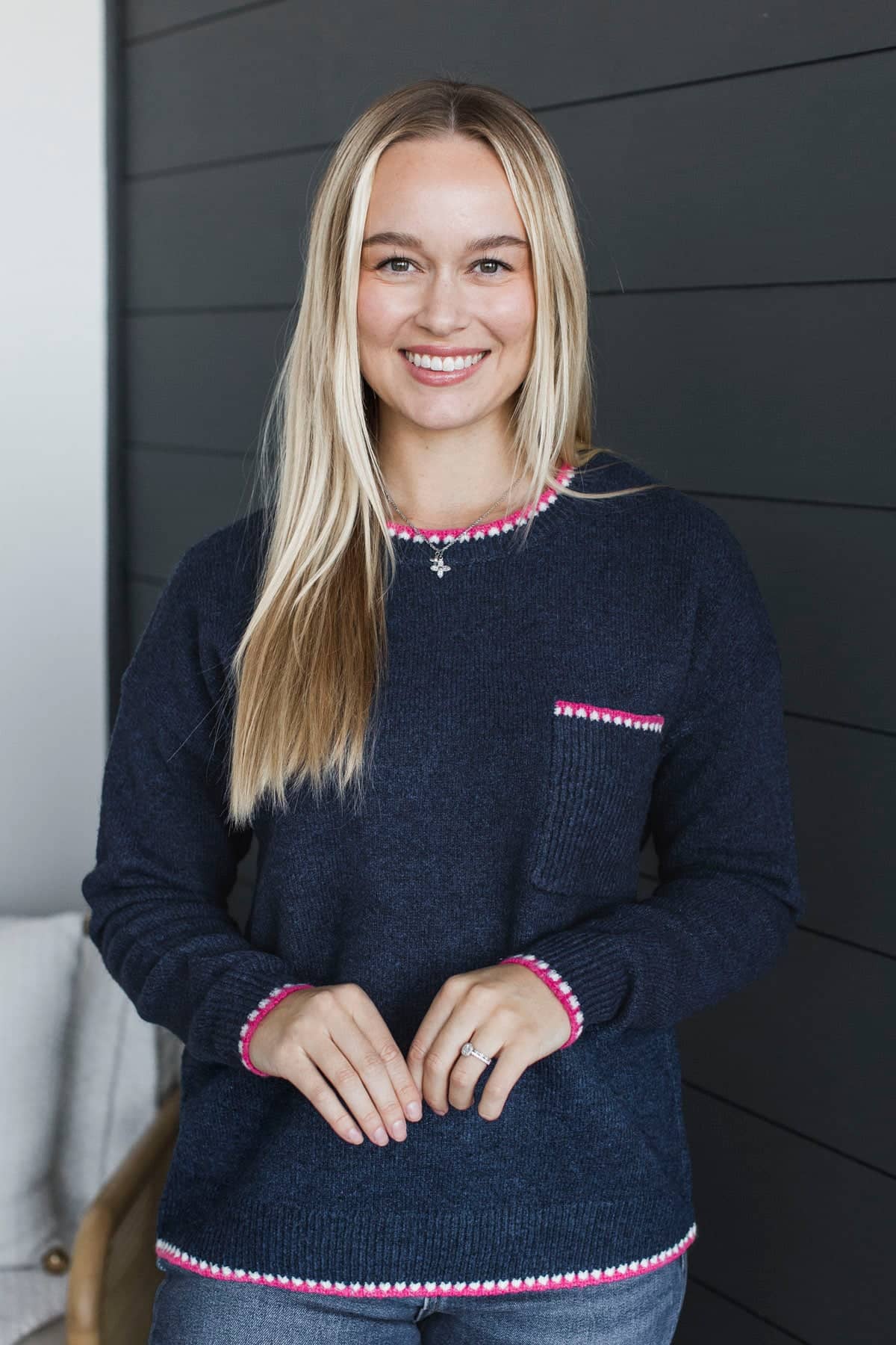 Don't Compare Contrast Knit Sweater- Navy & Pink - Image 2