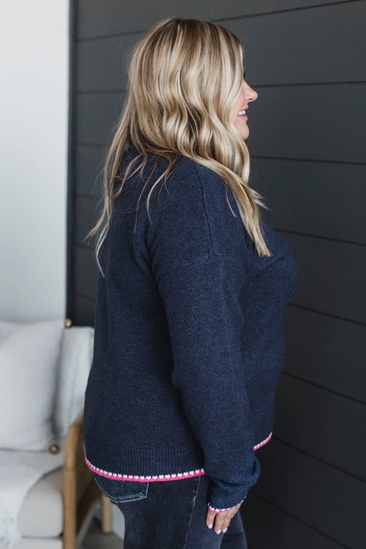 Don't Compare Contrast Knit Sweater- Navy & Pink - Image 5