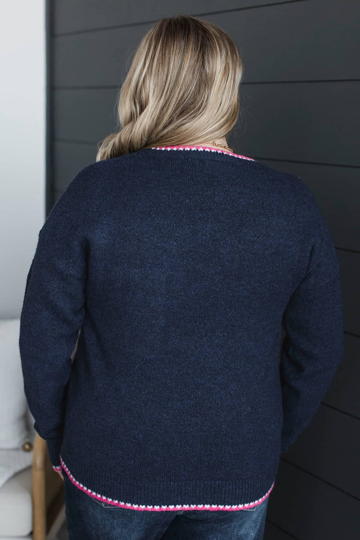 Don't Compare Contrast Knit Sweater- Navy & Pink - Image 7