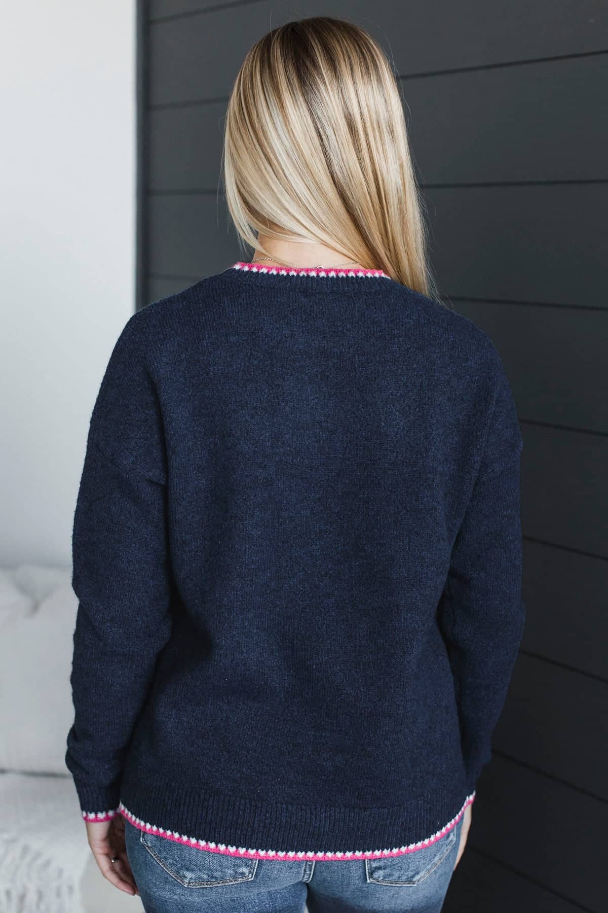 Don't Compare Contrast Knit Sweater- Navy & Pink - Image 8