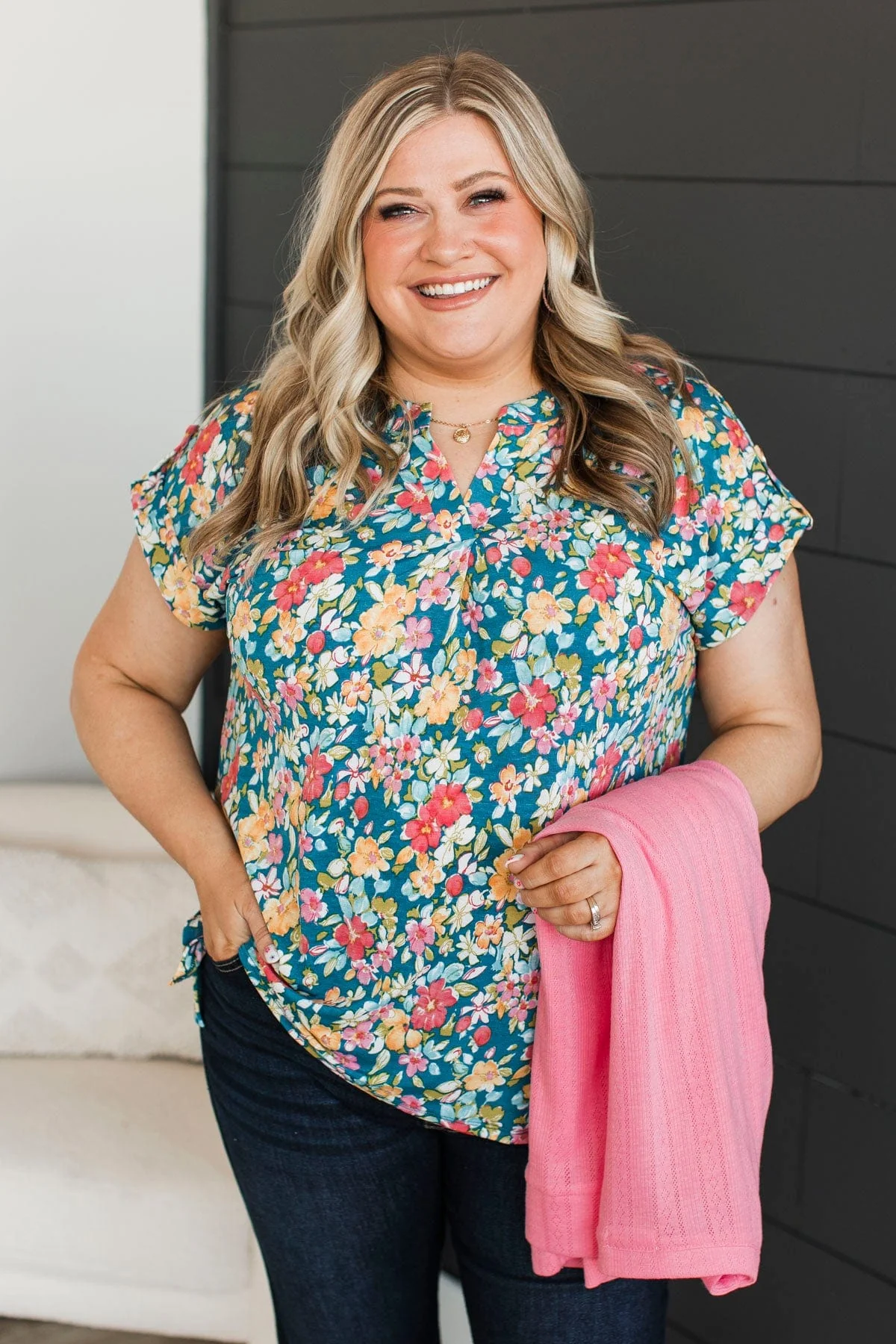 Don't Feel Blue Floral Top- Teal & Pink - Image 4