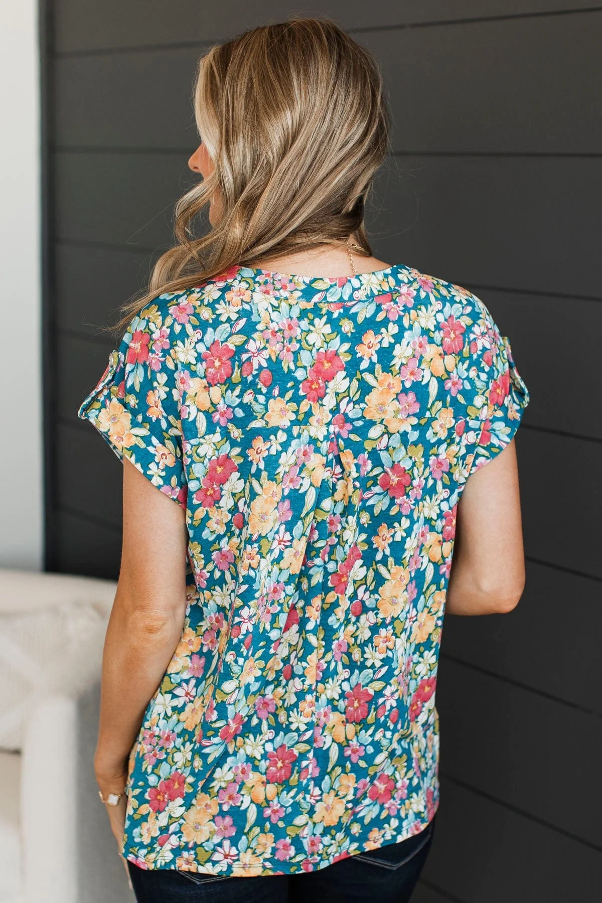 Don't Feel Blue Floral Top- Teal & Pink - Image 7