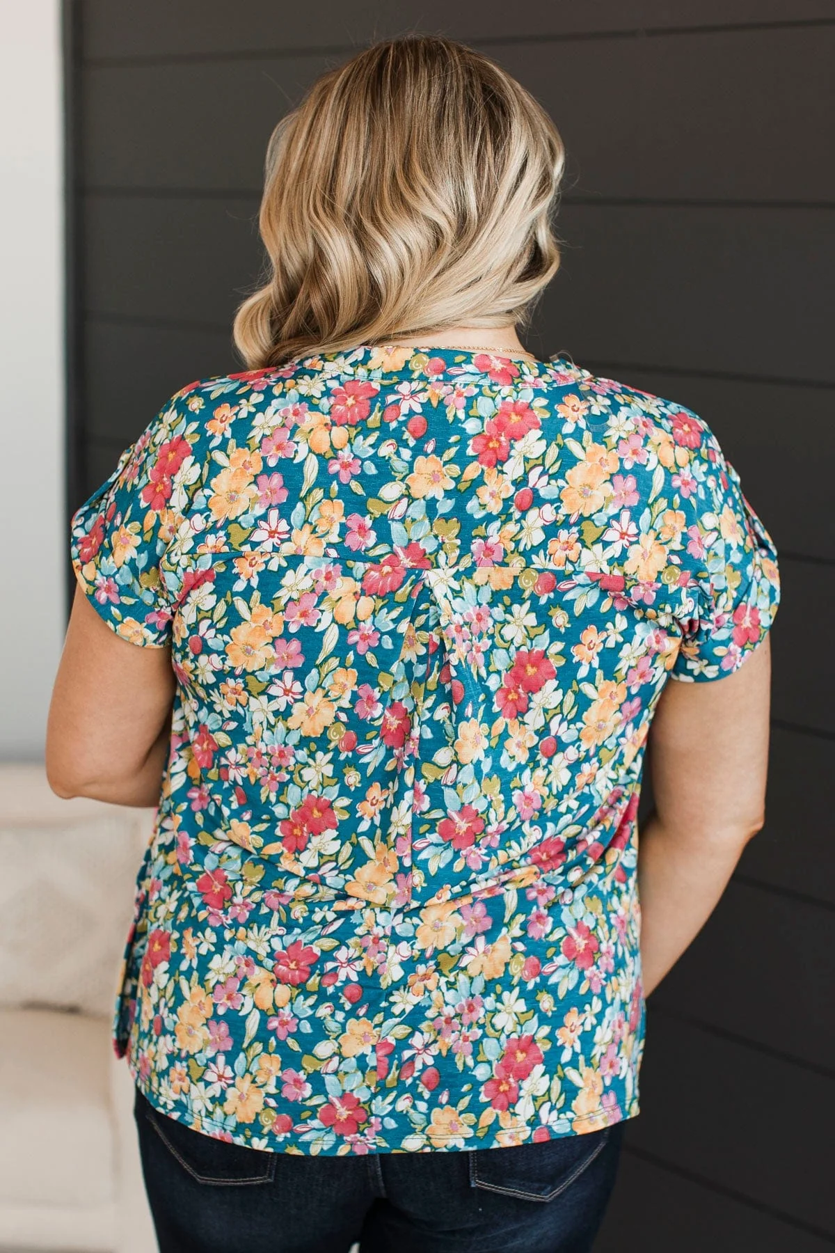 Don't Feel Blue Floral Top- Teal & Pink - Image 8