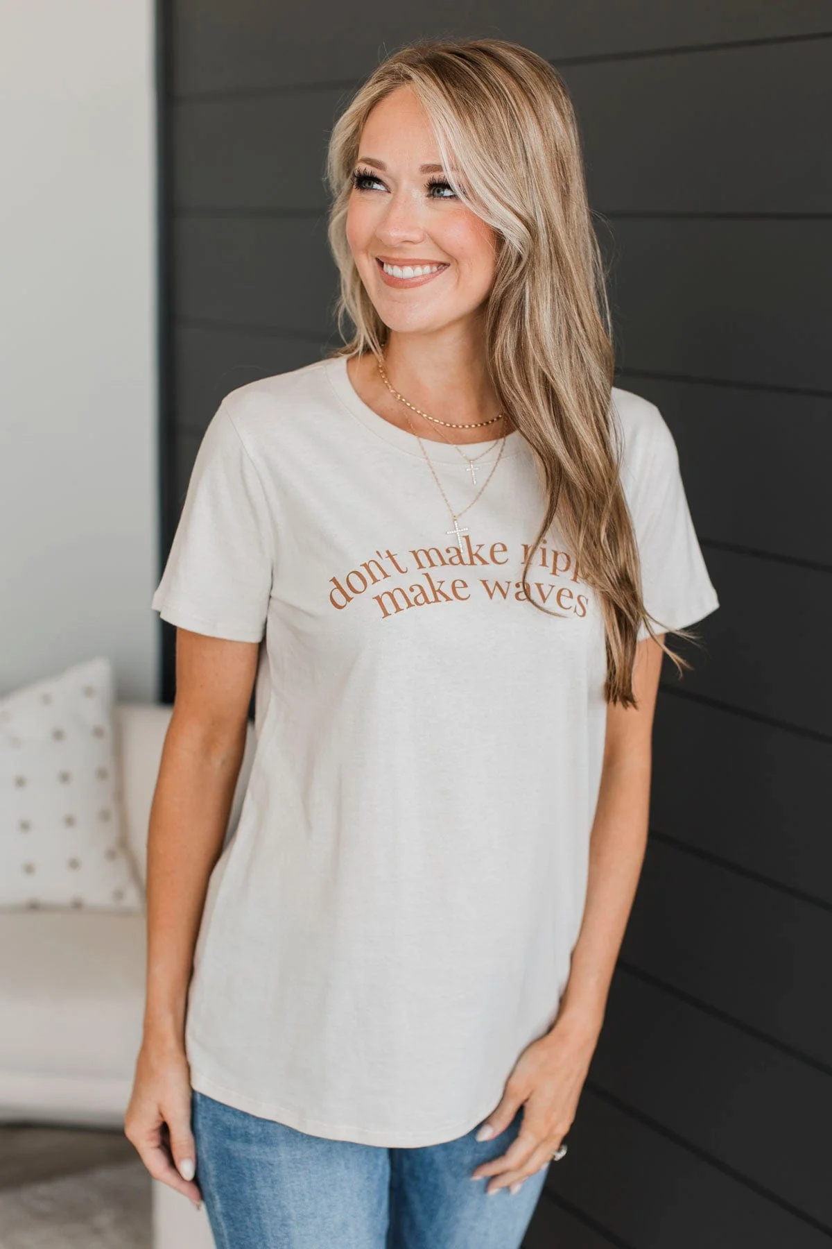 "Don't Make Ripples, Make Waves" Graphic Tee- Light Beige - Image 3