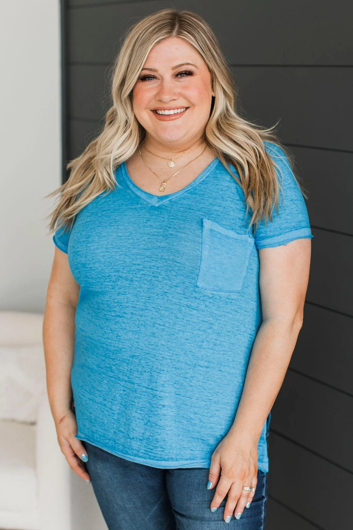 Don't Play Games V-Neck Top- Deep Sky Blue - Image 3