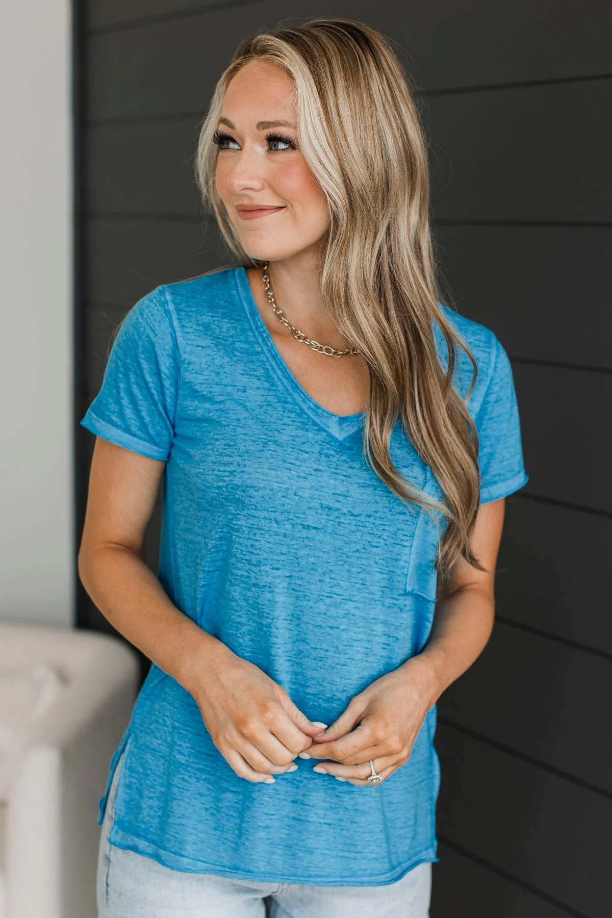 Don't Play Games V-Neck Top- Deep Sky Blue - Image 4