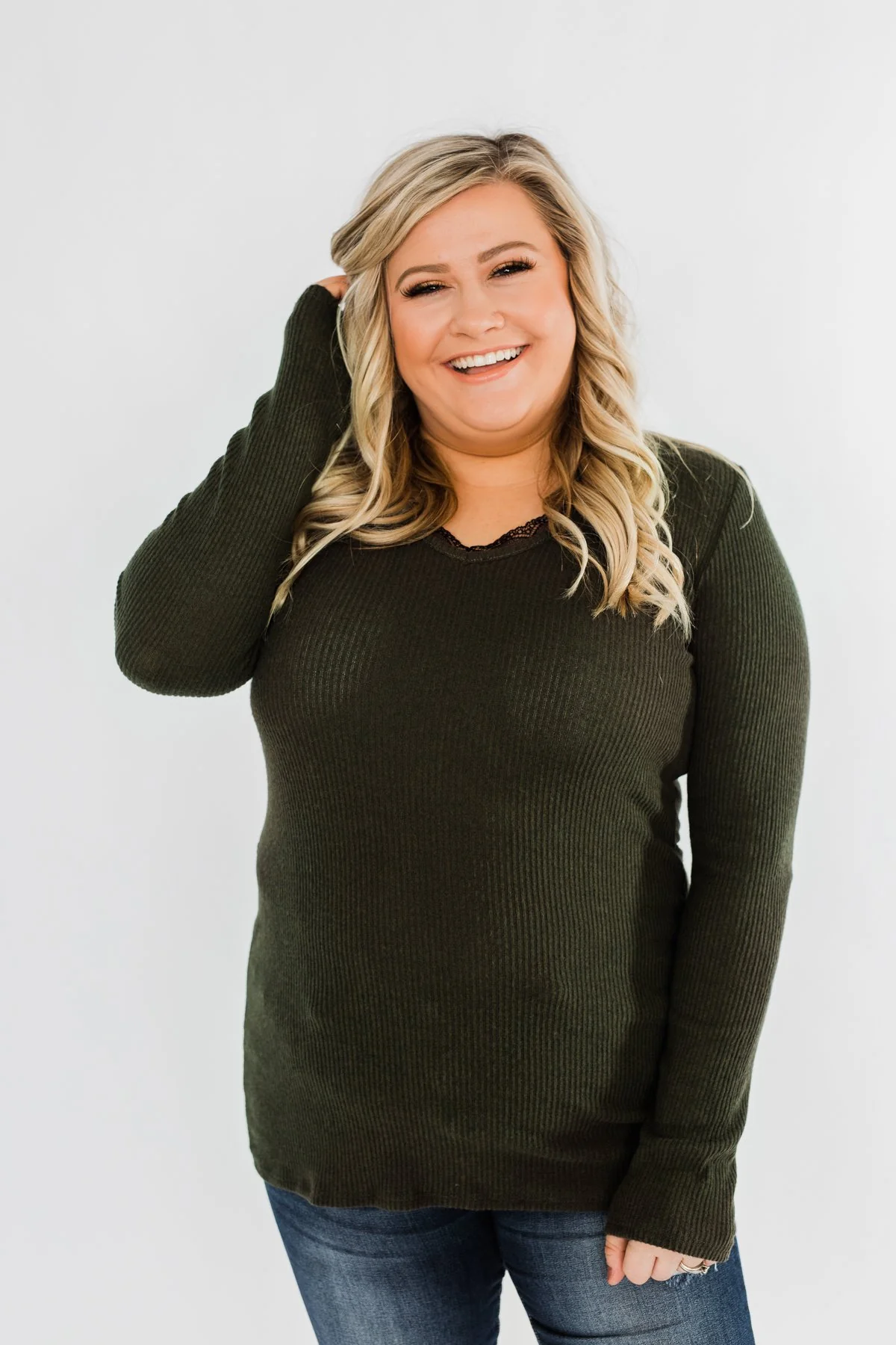 Don't Think Twice Lace Trimmed Top- Dark Olive - Image 6