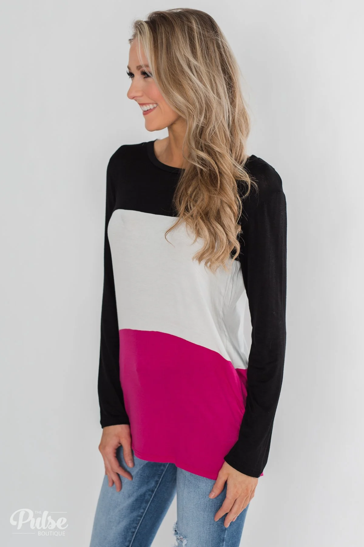 Don't Turn Back Long Sleeve Color Block Top- Black, Ivory, Pink - Image 5