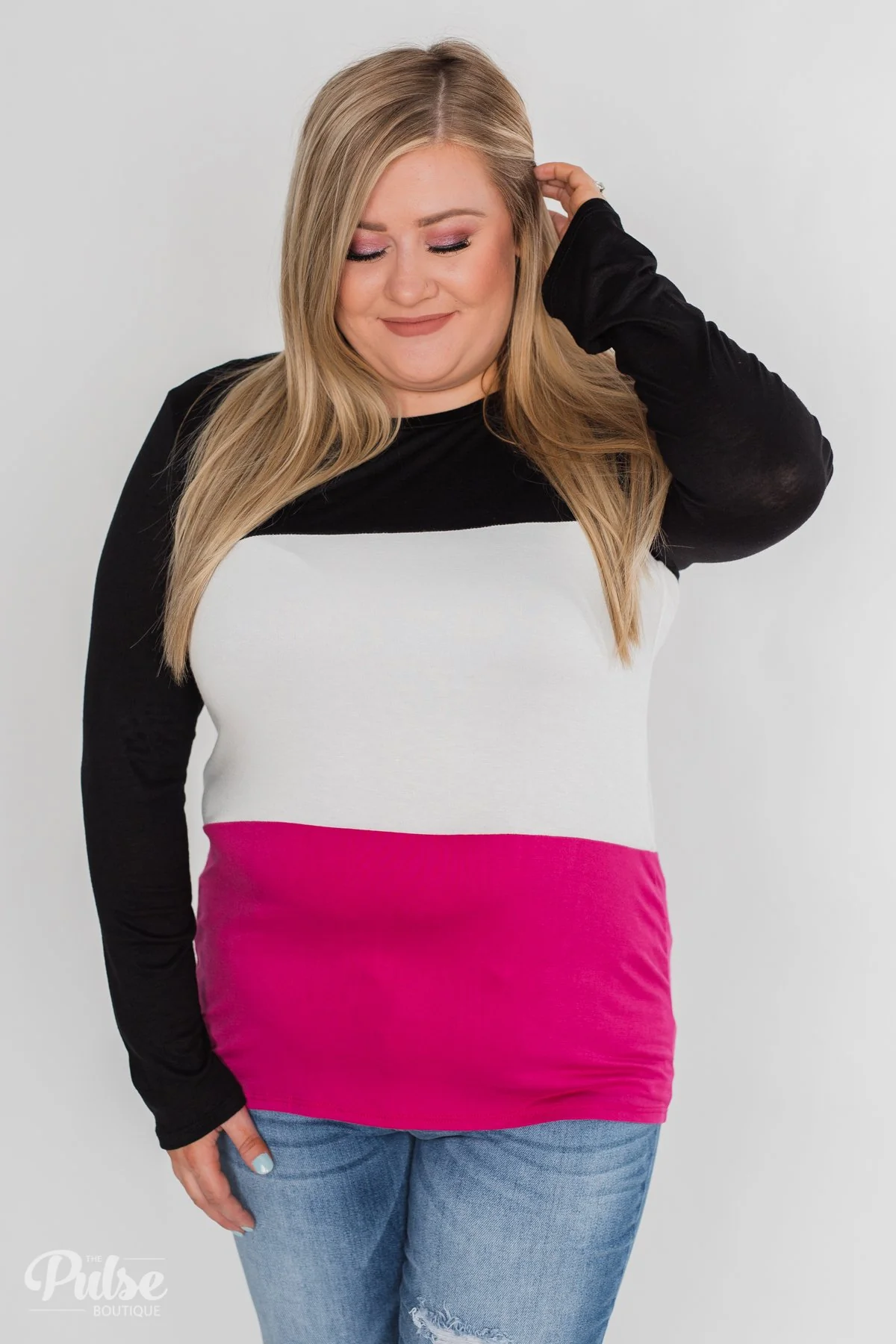 Don't Turn Back Long Sleeve Color Block Top- Black, Ivory, Pink - Image 8