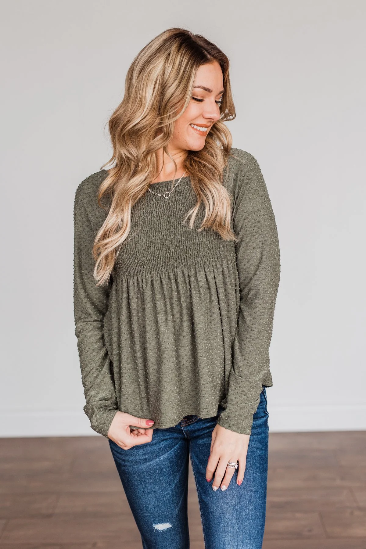 Doting Love Smocked Babydoll Top- Olive - Image 5