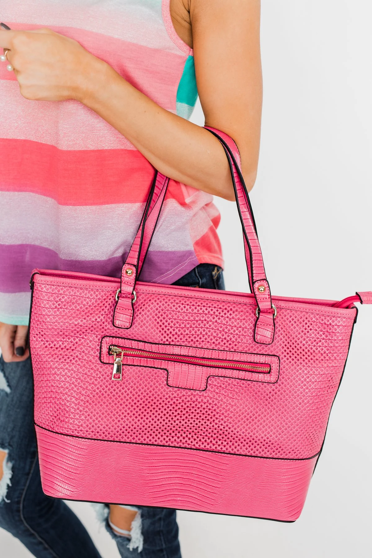 Double Handle Zipper Tote- Fuchsia - Image 2