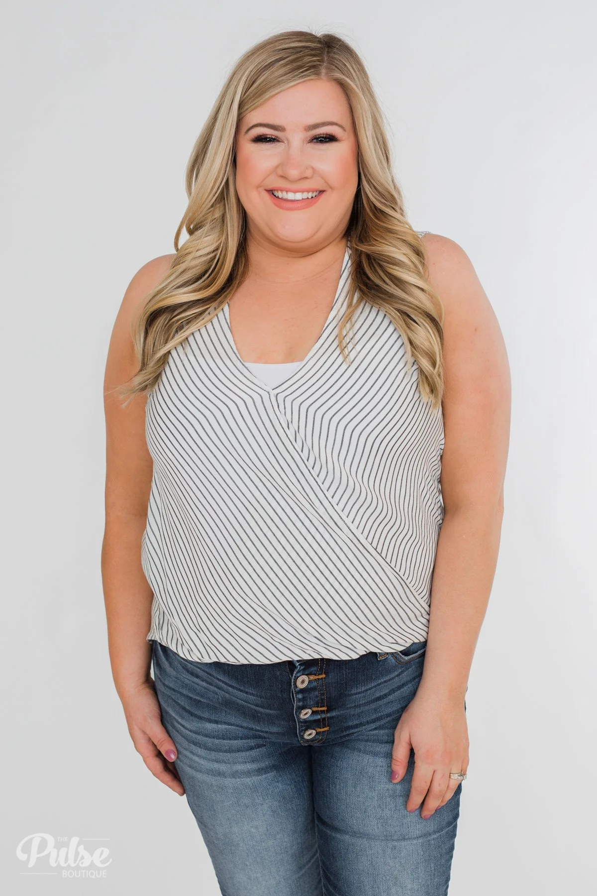 Down To Business Striped Button Back Blouse- White - Image 2