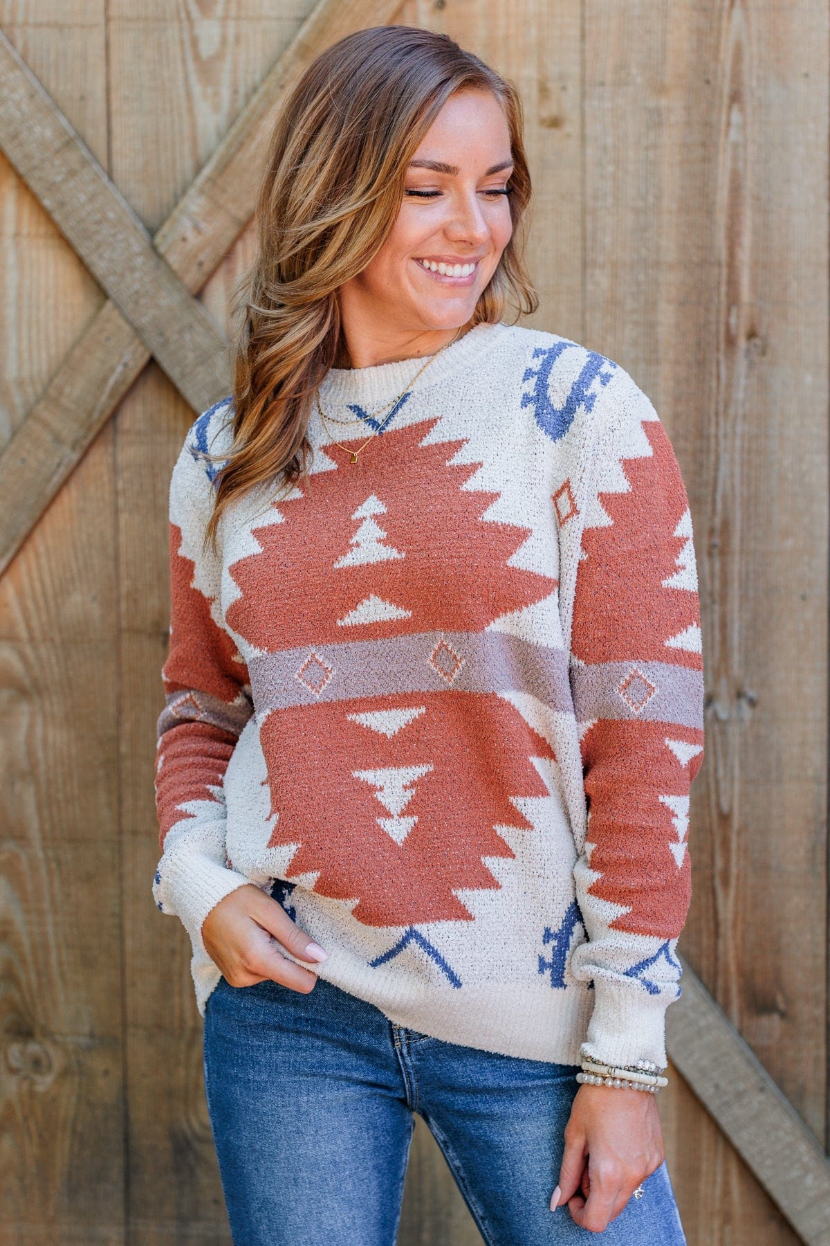 Down To Earth Aztec Sweater- Oatmeal, Rust & Navy - Image 6