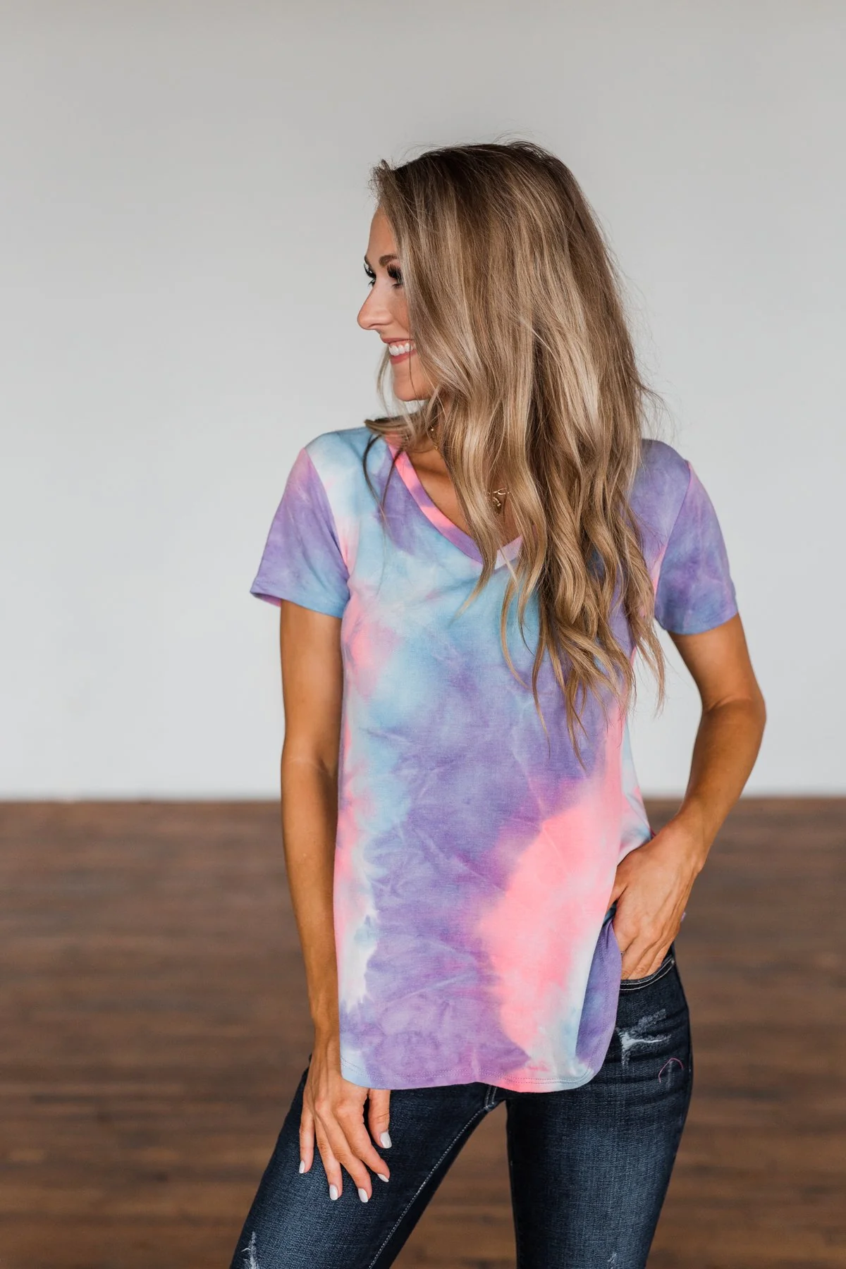 Draw Me Closer Tie Dye V-Neck Top- Blue, Pink, Purple - Image 6
