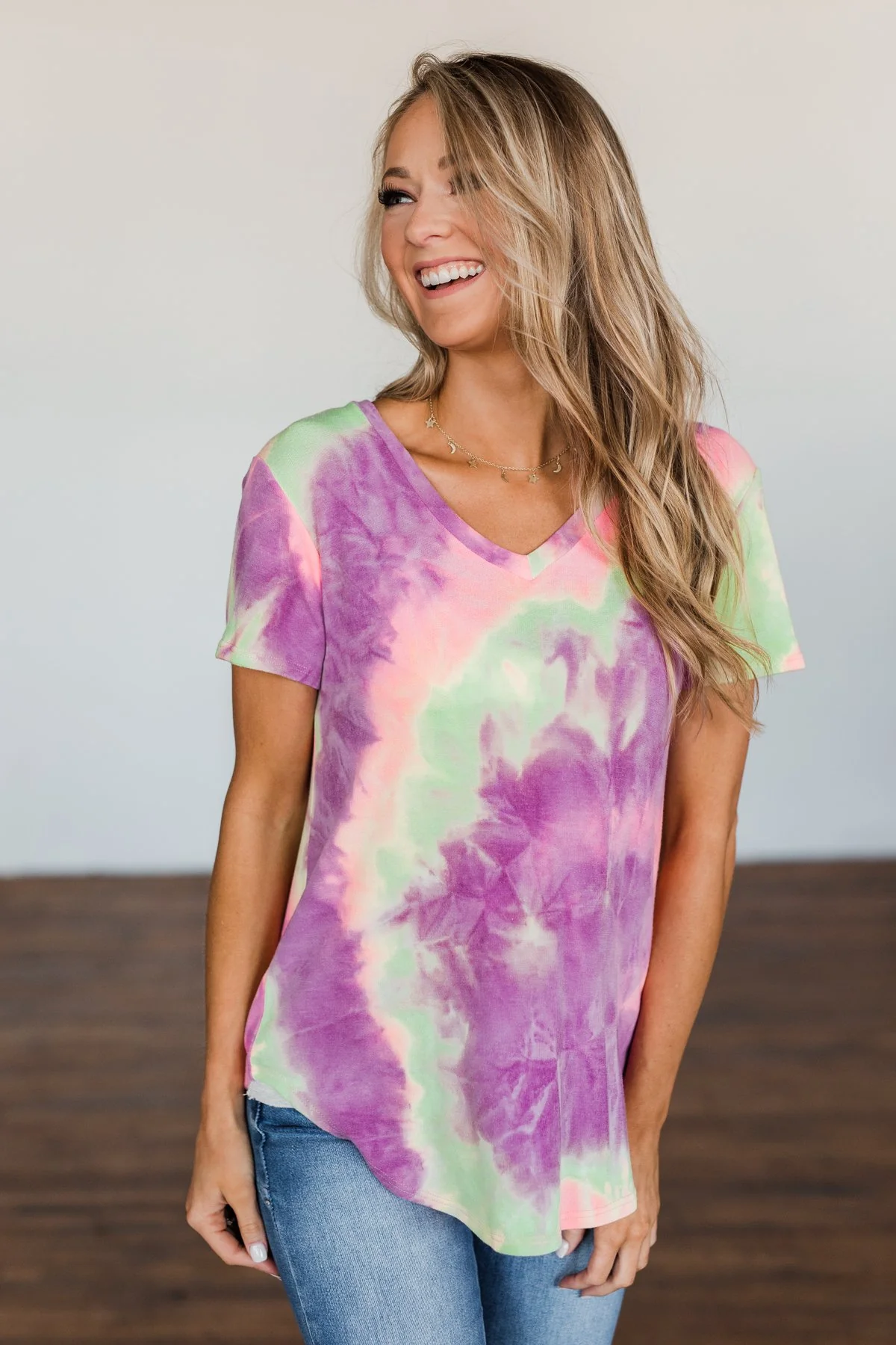 Draw Me Closer Tie Dye V-Neck Top- Pink, Lime, Purple - Image 10