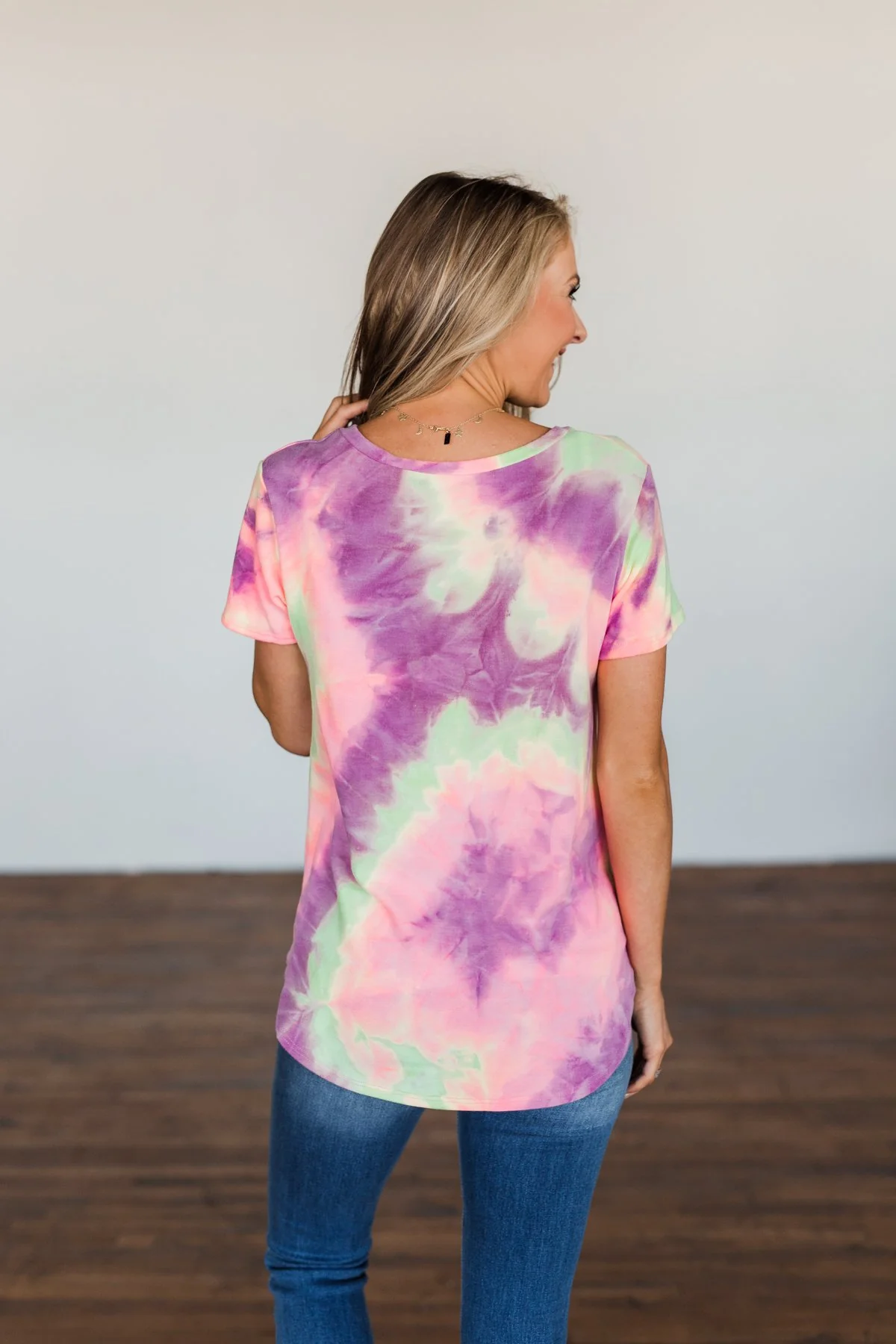 Draw Me Closer Tie Dye V-Neck Top- Pink, Lime, Purple - Image 16